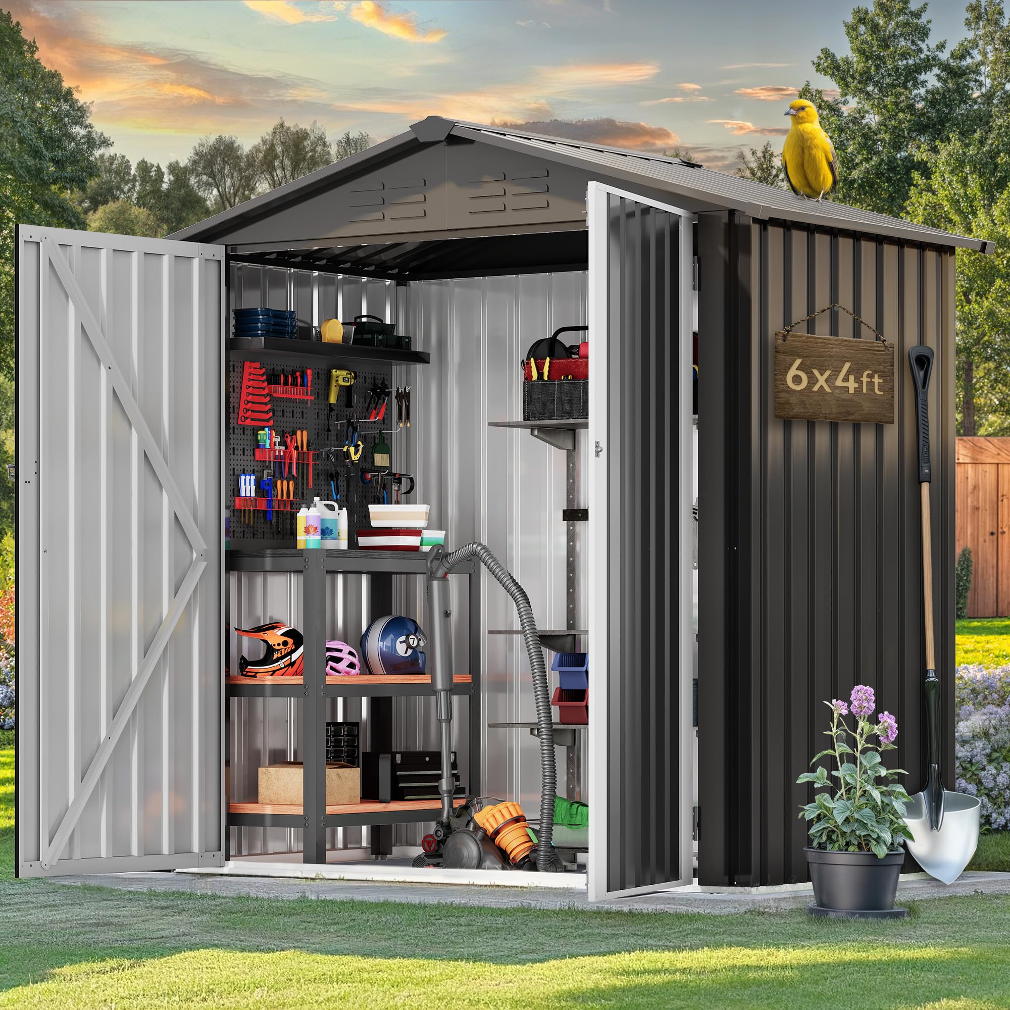 YITAHOME Metall Geräteschuppen Gerätehaus Gartenhaus Gartenhütte,Dunkelgrau | 171x87x184cm|6x4 klein|Rasenmäher Gartenschuppen|Satteldach|Abschließbar|4 Lüftungsöffnungen|Gartenhaus mit Tür|Wetterfest