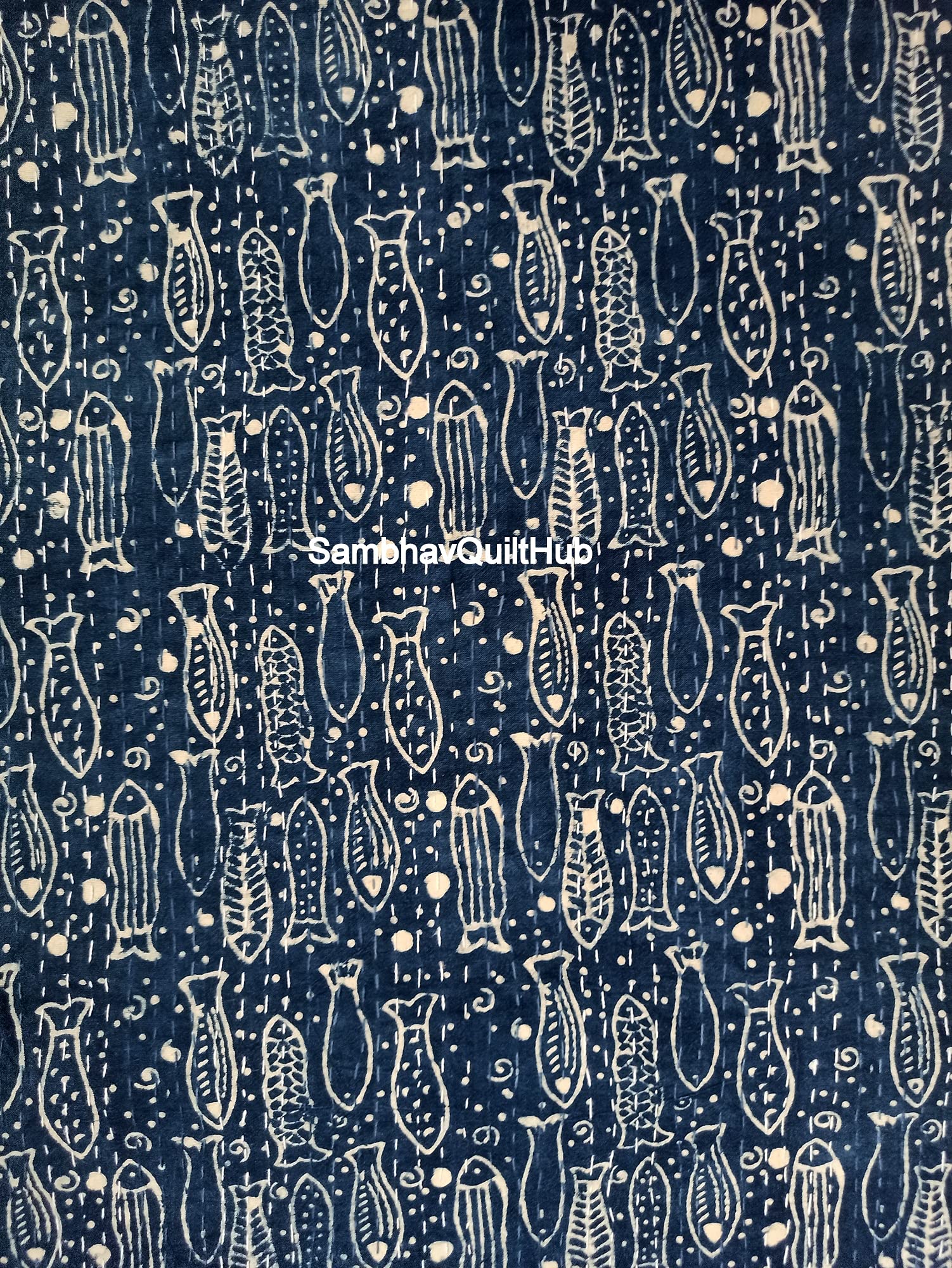 Coperta trapuntata in cotone con stampa blu indaco fatta a mano, realizzata a mano, stampa indiana, kantha, indaco, beork, bohémien, decorazione per letto, per letto doppio/king size, 228 x 274 cm (2