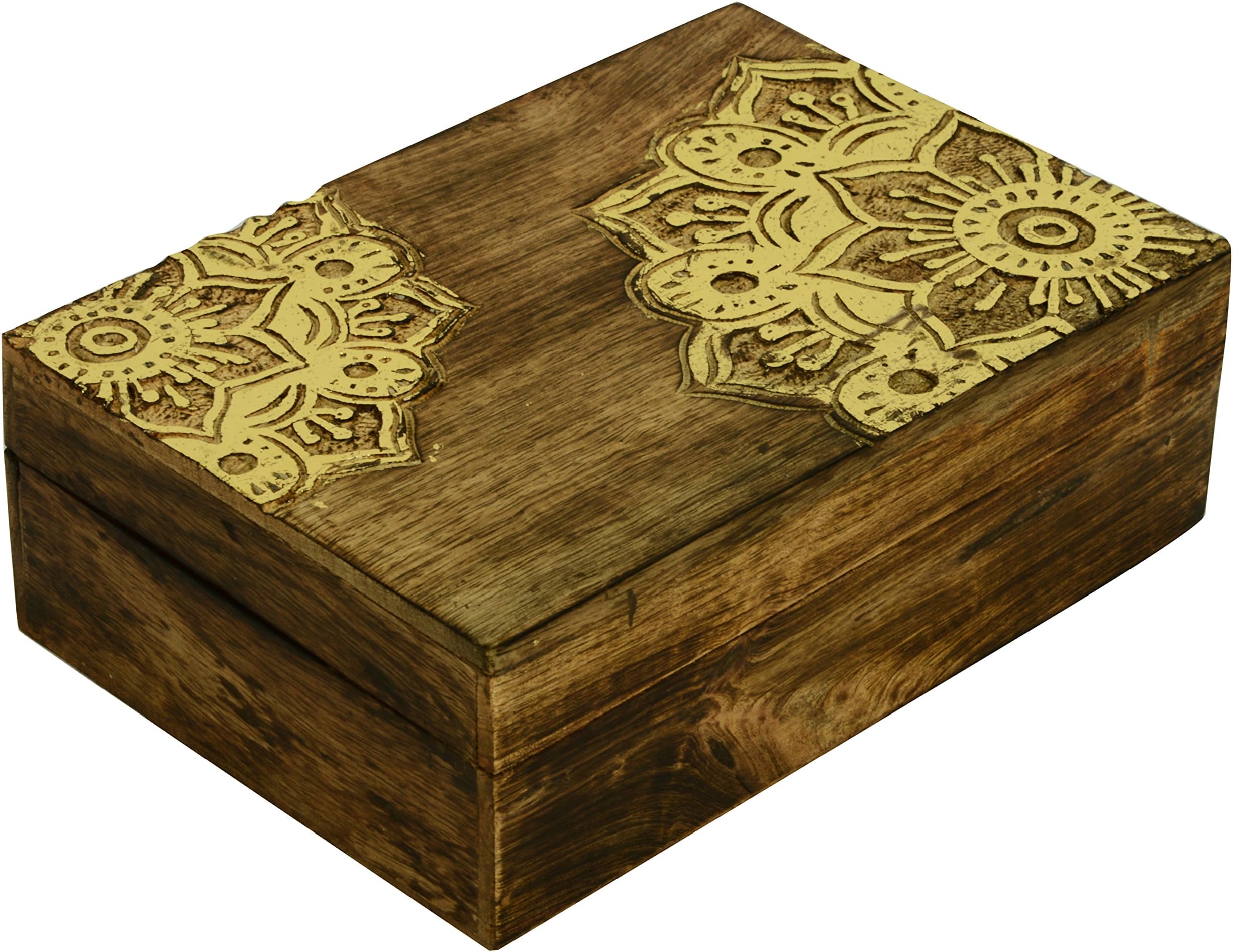 SAAGA Wooden Multipurpose Jewelry Box Keepsake Trinket Treasure Chest Storage Box with Mandala Carving and Gold Foil | 10x7 inches