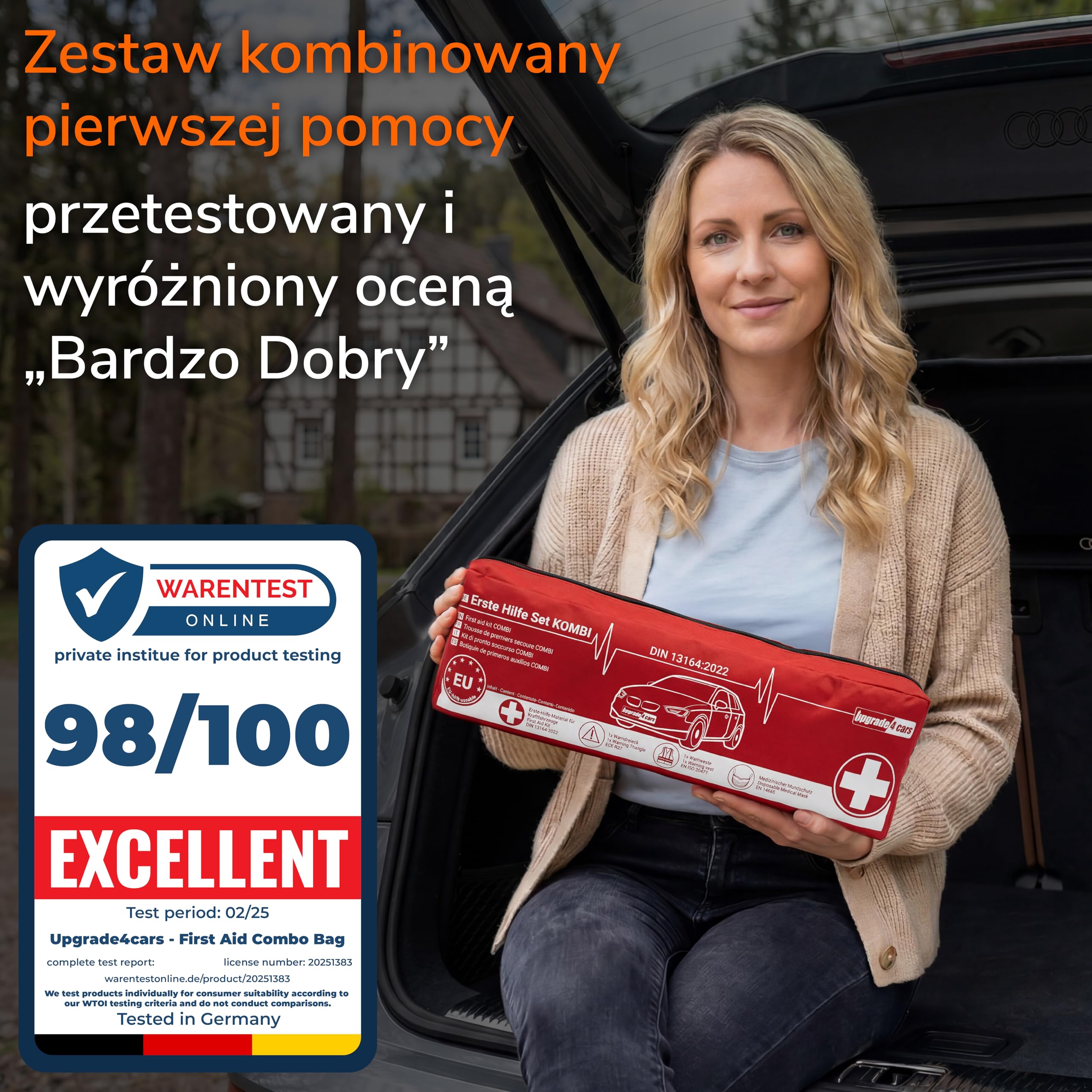 2 x Upgrade4cars Apteczka Samochodowa 2026 z Trójkątem Ostrzegawczym i Kamizelką Odblaskową Zgodna z Normą DIN 13164 Ważna w Całej Europie Zestaw Pierwszej Pomocy Wyposażenie Auta