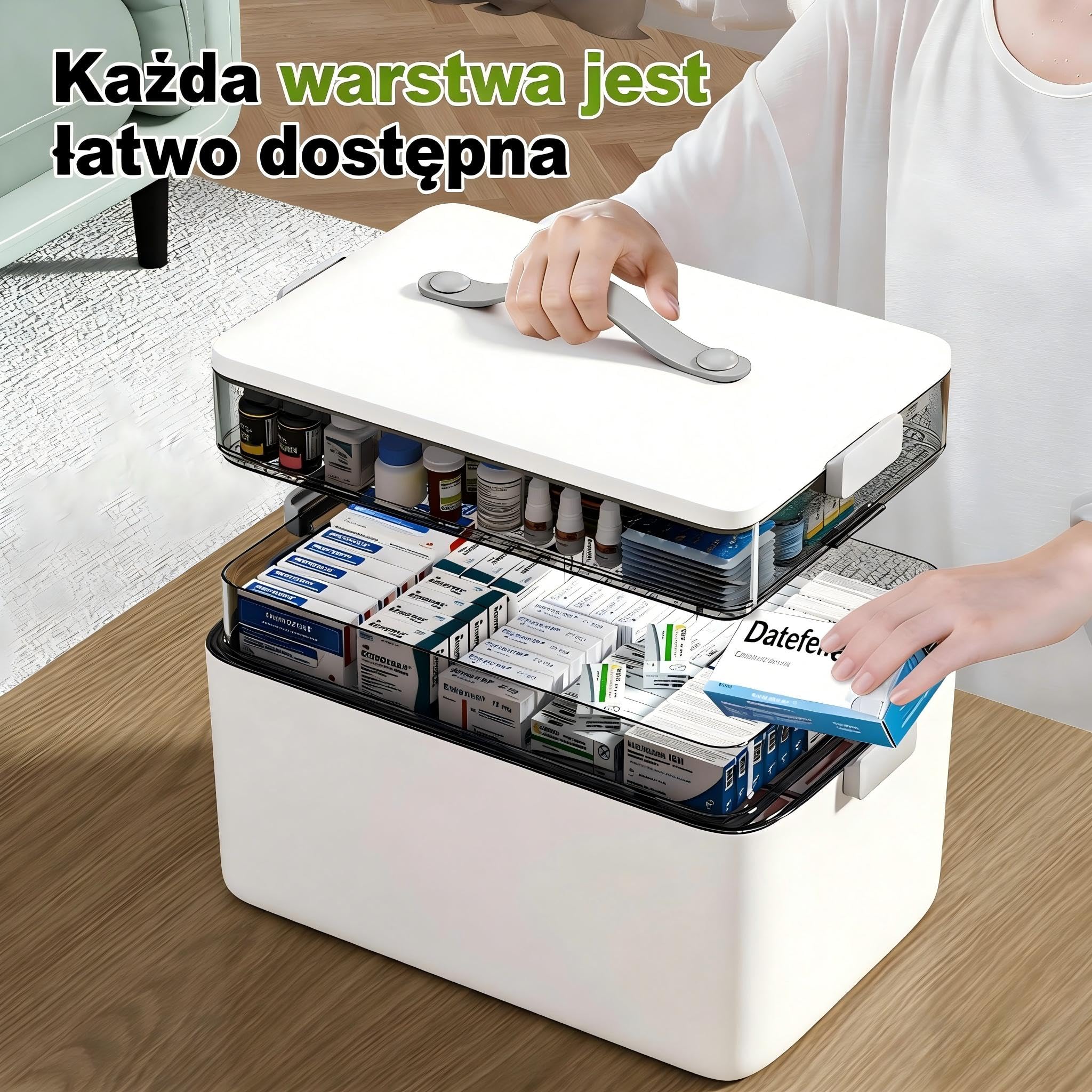 MOPUP 3-warstwowe pudełko pierwszej pomocy, pudełko do przechowywania leków o dużej pojemności (34 x 22 x 25,5 cm) – z uchwytem i wyjmowanymi przegródkami, odpowiednie dla rodziny, biura, szkoły i na