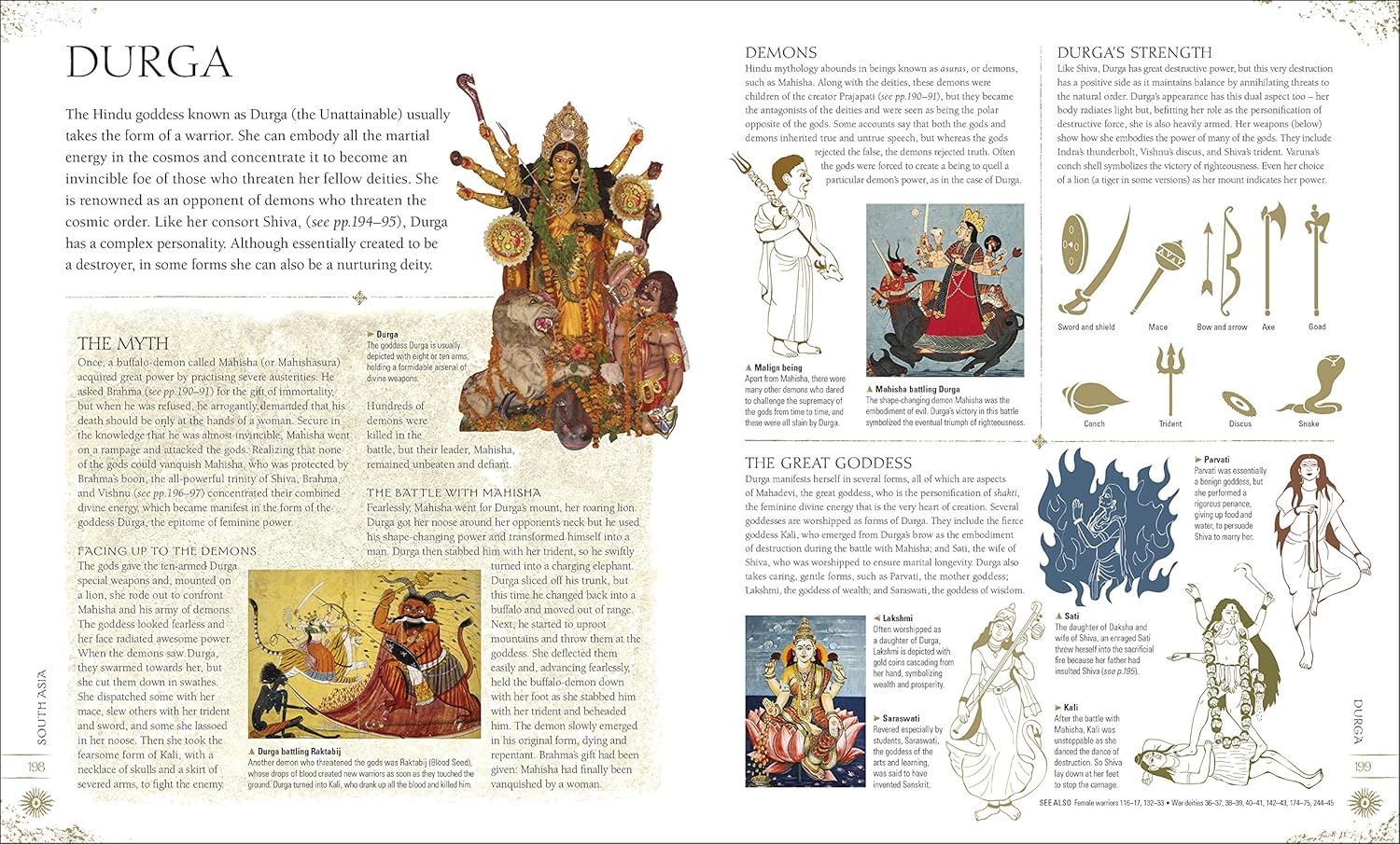 An open page from the book titled 'DURGA', featuring a large illustration of the Hindu goddess Durga and accompanying text about her symbolism and attributes.