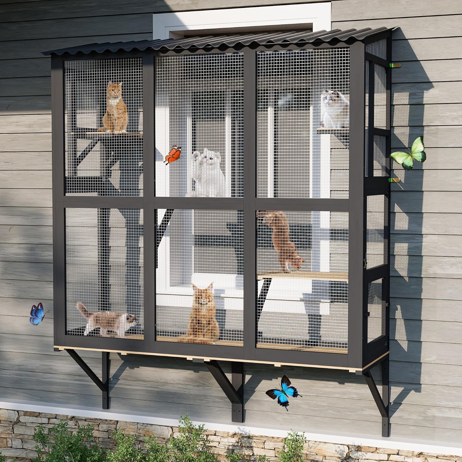 Catio Outdoor Cat Enclosure Window Perch, Expandable Cat Window Box for Multiple Indoor Cats w/4 Platforms & 4 Doors, Patio Kitten House for Sunbathing Overlooking Tunnel Connection (Black)