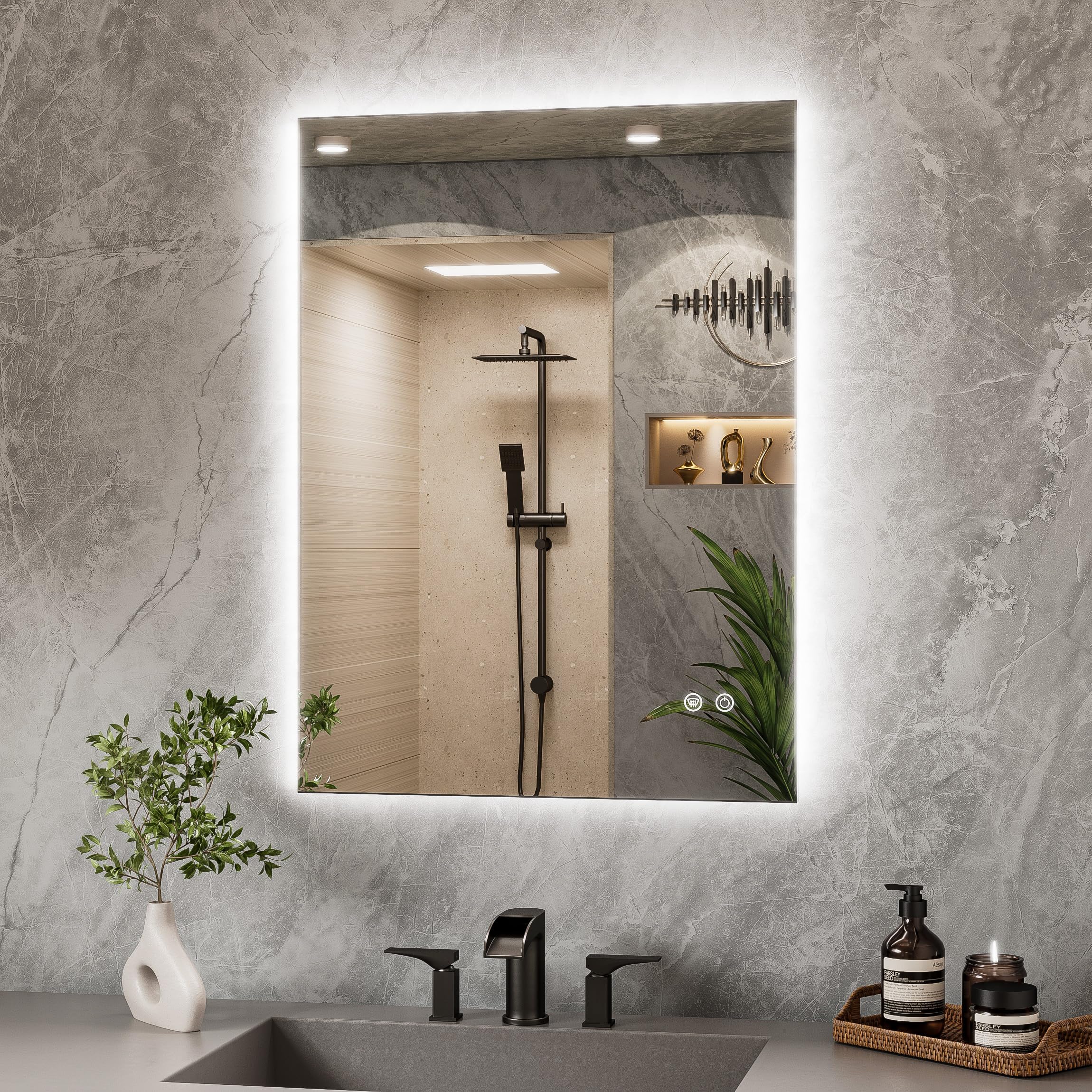 TETOTE 60x80cm Bathroom Mirror with LED Light, Rechargeable Illuminated Vanity Mirror with Backlit Light, Multifunction Smart Bathroom Mirror, Anti-Fog Wall Mounted Mirror, 3 Colors Dimmable