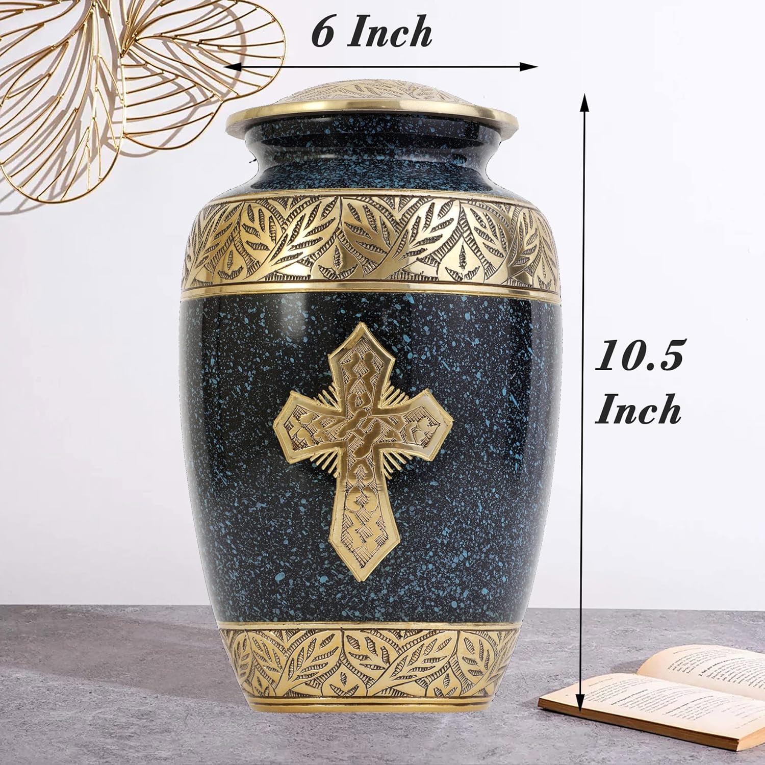 Cremation Cross Urn for Human Ashes Adult Large – Handcrafted Solid Metal Funeral Urn with Religious Cross Design – Burial & Memorial Urn with Velvet Bag, 200 Cu/in