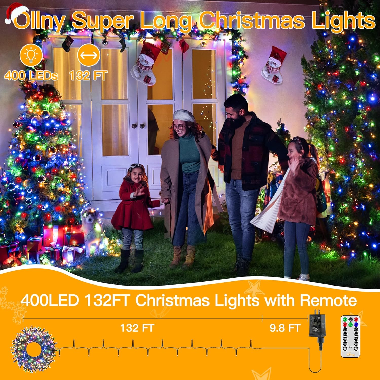 ollny christmas lights 400led 132ft, plug-in outside tree lights with timer and 8 modes, remote control waterproof dimmable outdoor string lights for house yard patio xmas decorations (multicolored) multicolor 400led