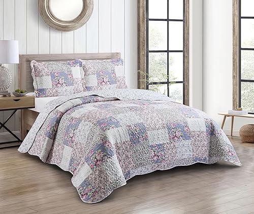 Miniatura 270 de Brilliant Sunshine Juego de edredón de 3 piezas con 2 fundas de almohada, diseño de corazón gris, diseño floral y de encaje, colcha reversible