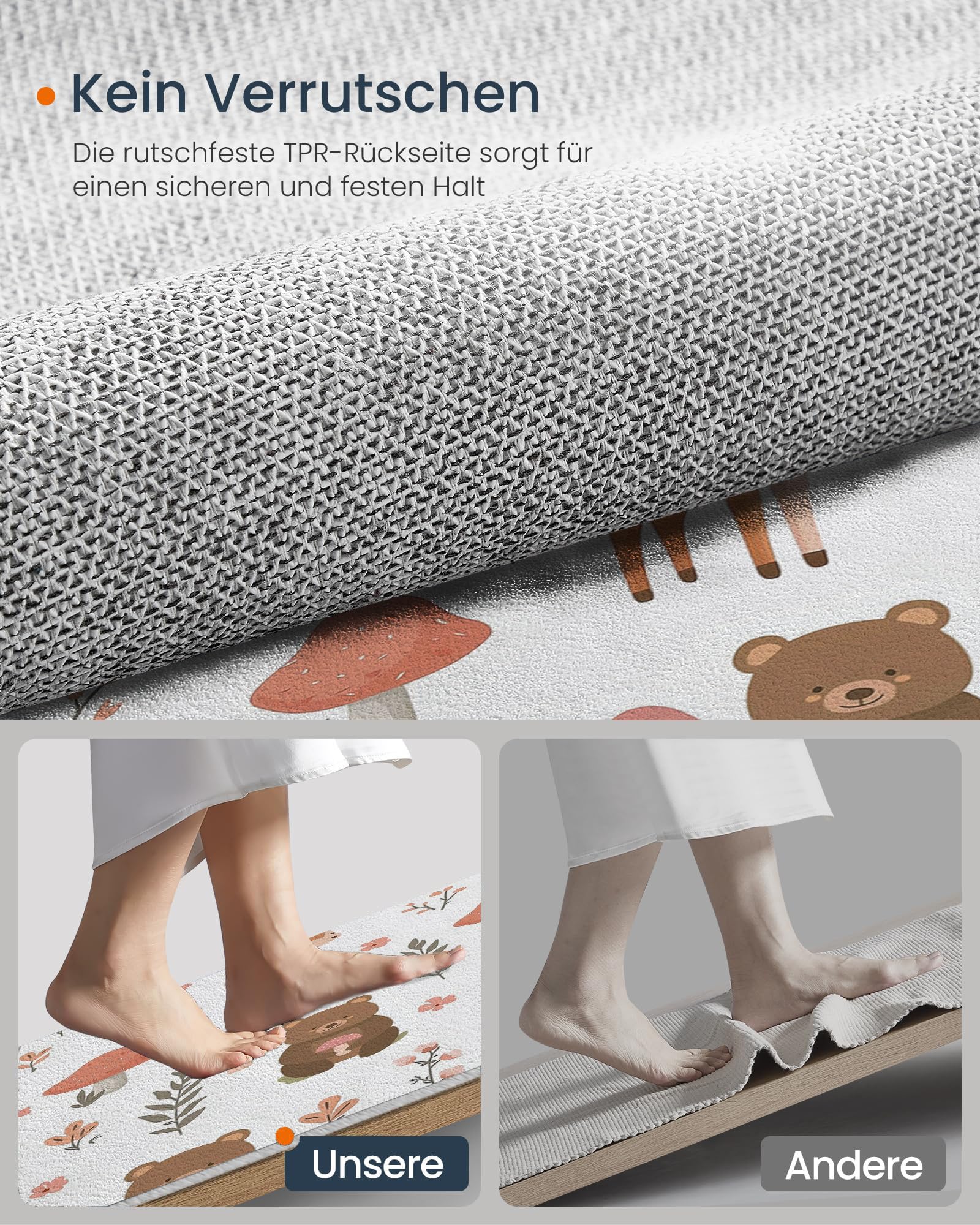 Kinder Teppich rund 120cm – Waschbar & rutschfest | Waldtiere Bären-Hirsch-Pilz für Jungen & Mädchen – Kinderzimmer, Babyzimmer, Wohnzimmer – Orange-rosa
