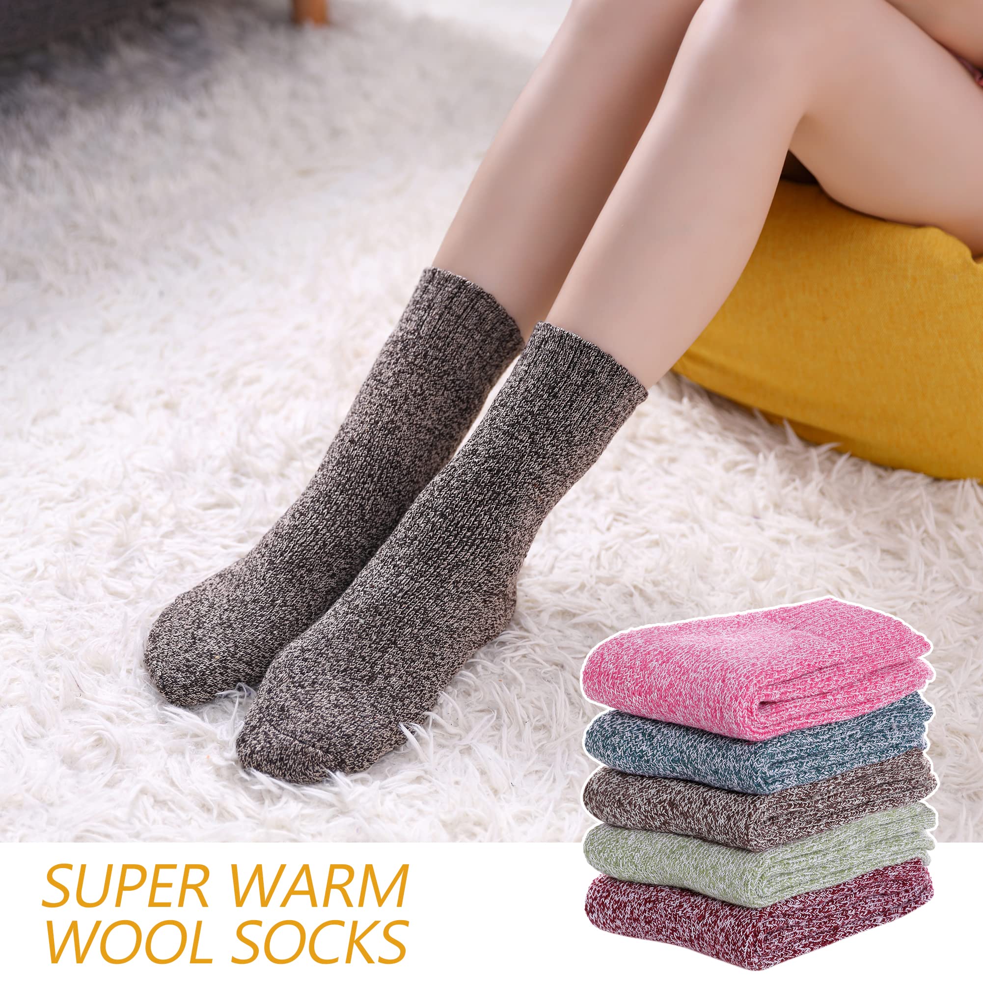 Womens 5 Pairs Soft Thick Comfort Casual Cotton Warm Wool Crew Winter Socks (5 Pack Solid color F) 2