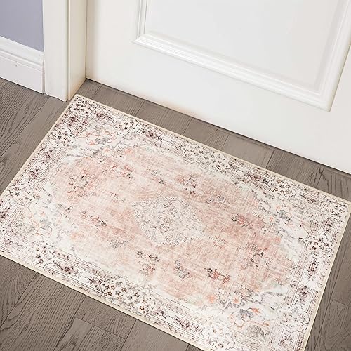 Mujoo - Alfombra pequeña rosa, estilo bohemio, lavable a máquina, antideslizante, para entrada, cocina, baño, dormitorio, vintage, suave, de pelo