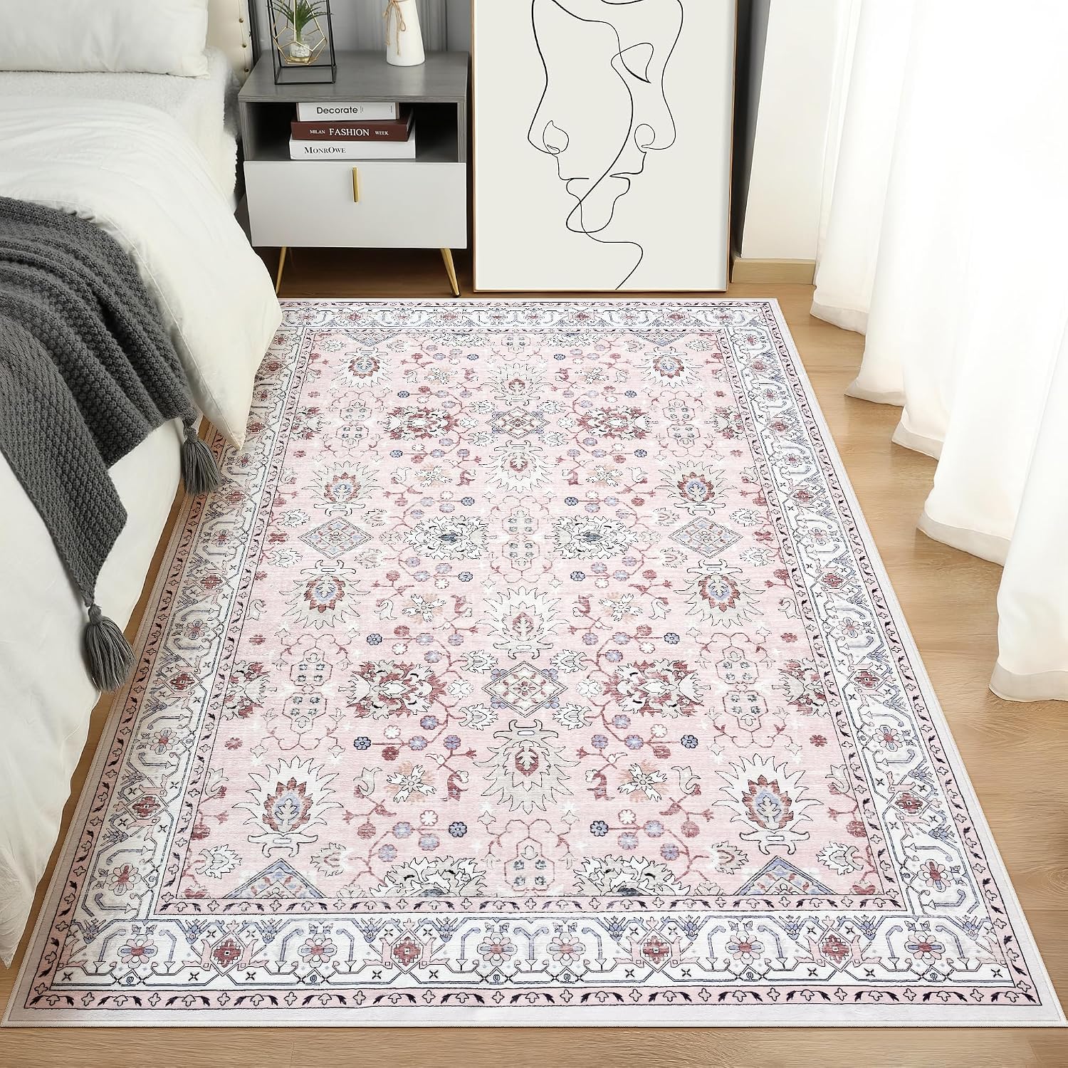 Garvee 4x6 Area Rug for Living Room, Washable Vintage Printed Soft Rugs, Non Slip Low Pile Carpet for Entryway, Kitchen, Bedroom, Pink