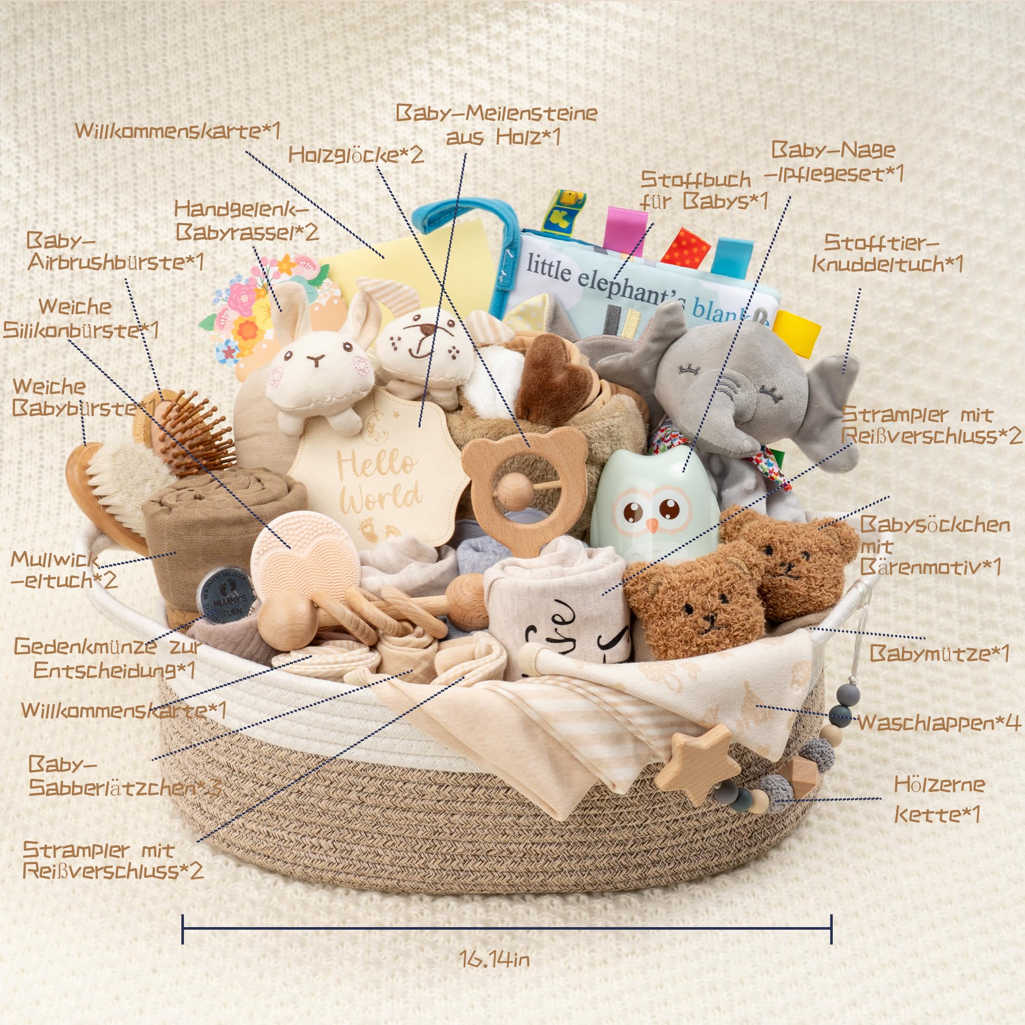 Regalo de bebé de 30 piezas - Cesta de regalo grande, ideal como regalo de recién nacido para niños y niñas. Incluye: toalla de baño con capucha, juego de bebé, peluche, sonajero, peine y tarjeta de