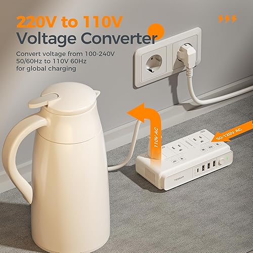 Miniatura 5 de Convertidor de voltaje de 220 V a 110 V, adaptador de viaje universal TESSAN con 4 cargadores USB (1 USB C), 3 enchufes de CA y adaptador de