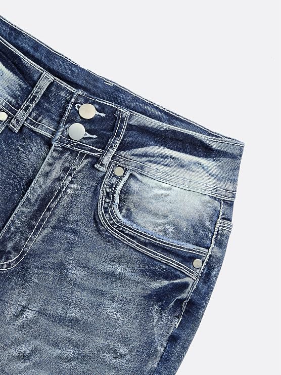 Women's Mid Waisted Bootcut Jeans Stretchy Slim Double Button Flare Pants