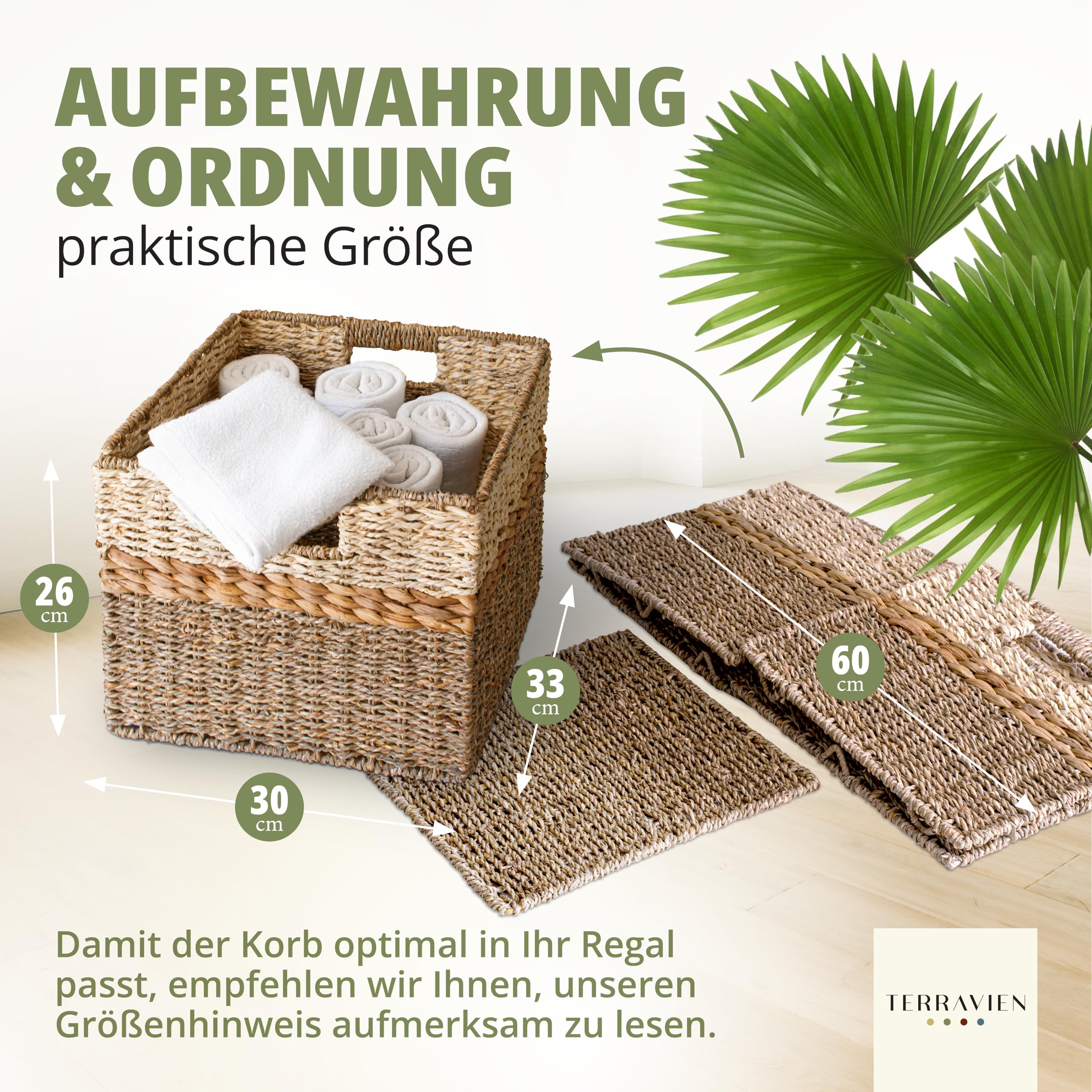 Aufbewahrungskörbe 2er Set Seegras Wasserhyazinthe 33x30xH26 cm | Besonderer Naturmix aus Seegras, Wasserhyazinthe und Palmblatt, handgefertigt, faltbar, für KALLAX, Küche, Bad, Wohnzimmer