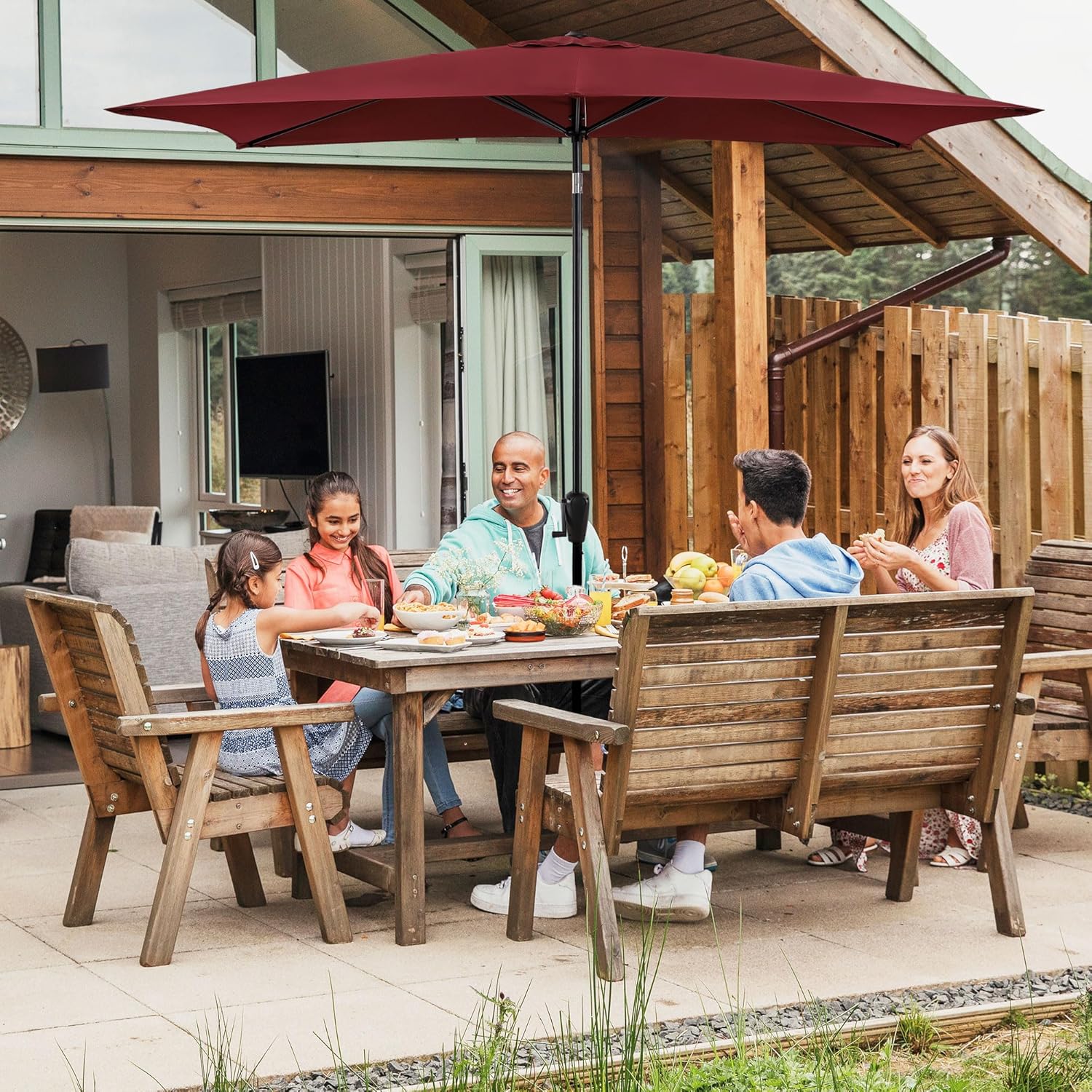 Sun-Ray Rectangular Patio Umbrella with Push-Button Tilt and Hand Crank Canopy Lift