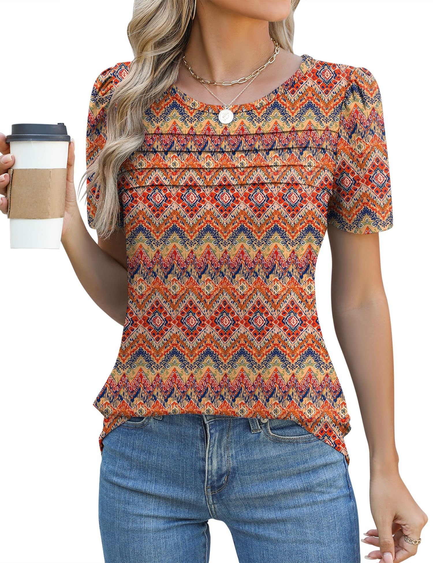 Rapbin Tshirt Damen Sommer Kurzarm Bluse Elegant Rundhals Mit Falten Oberteil Locker Puffärmel Blumen Lässig Tunika Tops 2026
