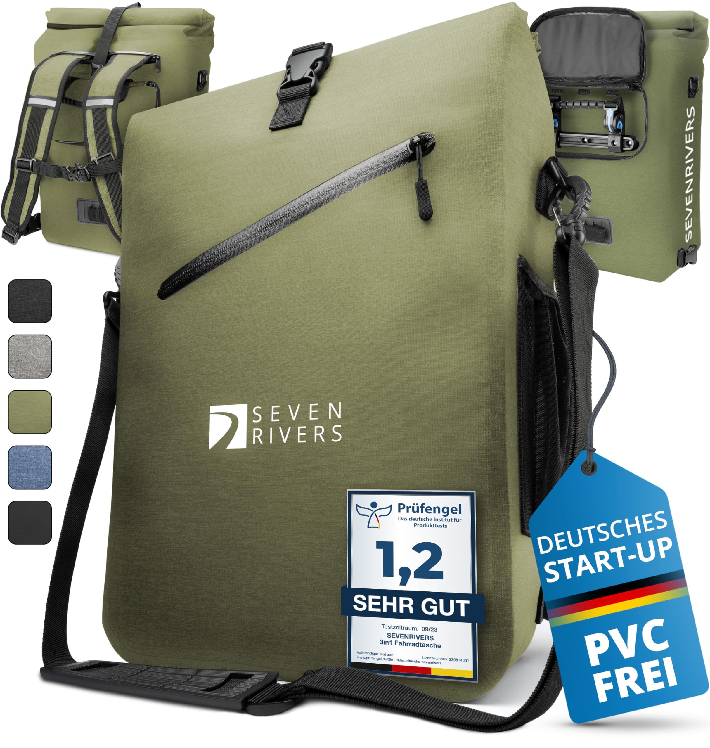 SEVENRIVERS Sacoche Vélo 3-en-1 24L - Sac à Dos / Porte-Bagages / Bandoulière, Étanche TPU, Compartiment Ordinateur Portable