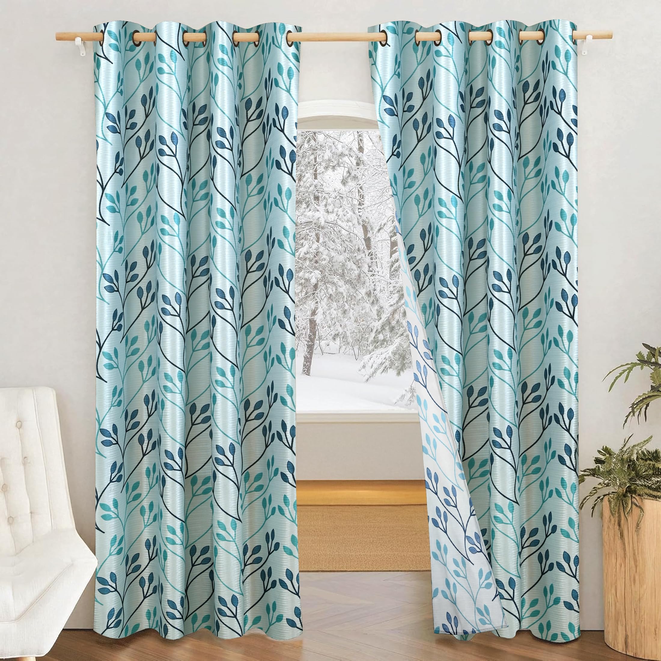 Amazon Brand - Solimo Polyester 75% Blackout Leaf Print Window Curtains|75% Room Darkening|5 Feet|Set of 2|Leaf Print Design|for Living Room Kids Room & Bedroom | Color- White & Blue| Light-Filtering