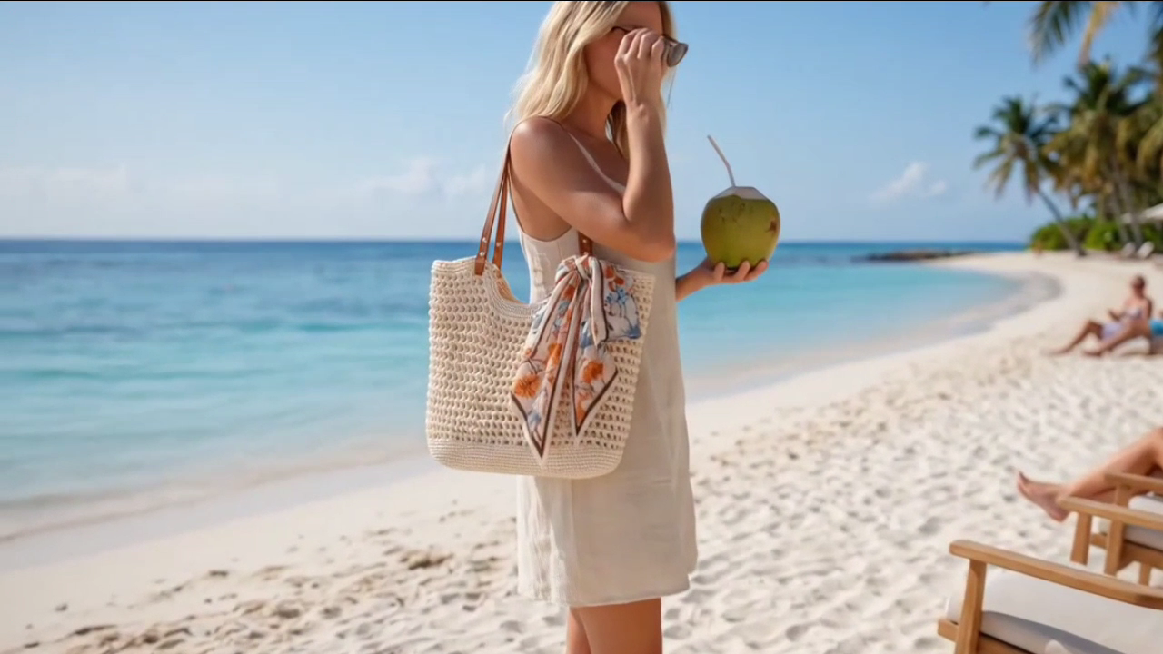 Bolso de playa tejido con cremallera y forro para mujer miniatura 7