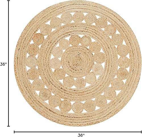 Miniatura 3 de Alfombra de Área de Yute Tejida a Mano - 3' Redonda - Alfombras Rústicas Beige Reversibles Estilo Granja para Sala de Estar, Dormitorio, Cocina -