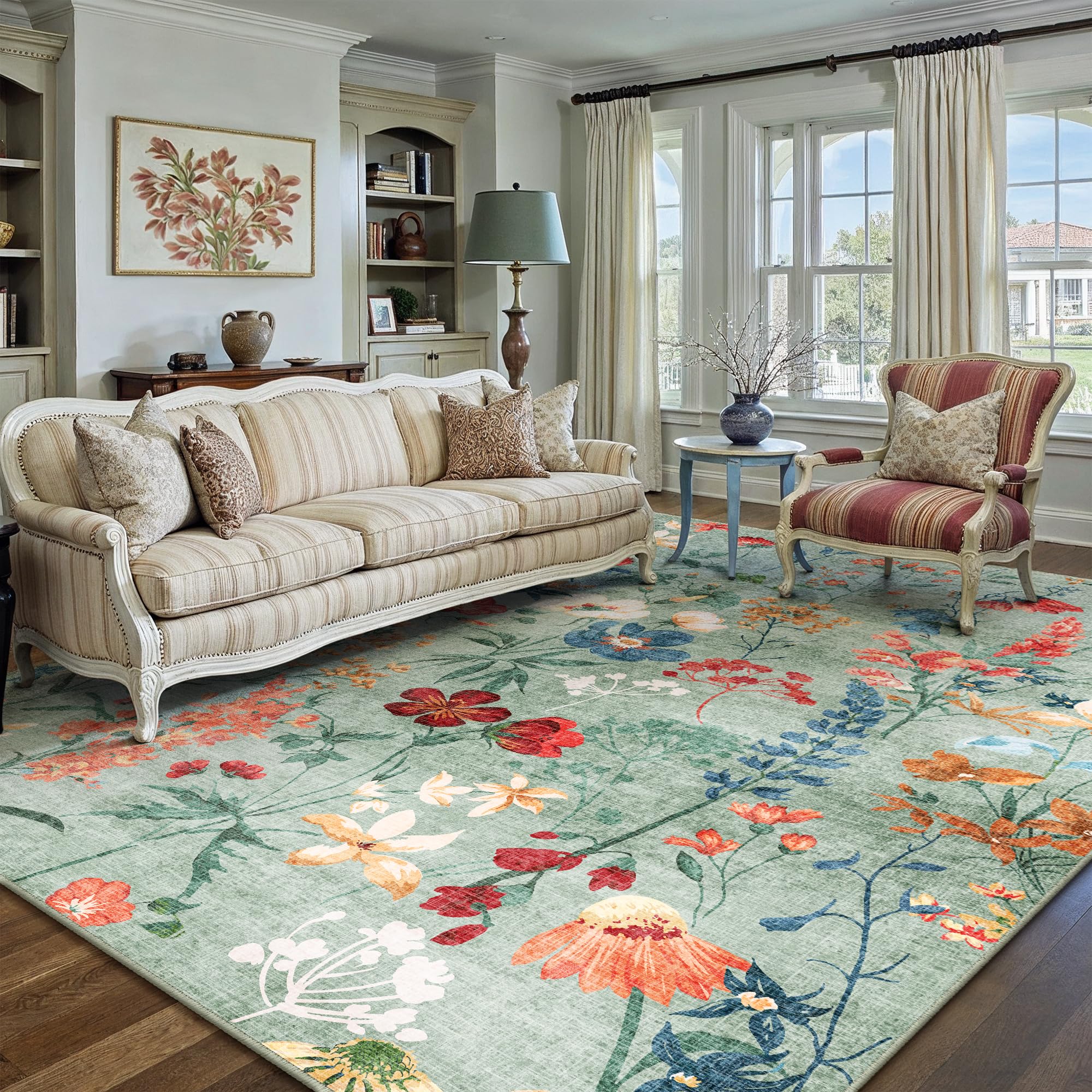 PureCozy Green Area Rug 6x9 Floral Washable Living Room Kitchen Boho Carpet Non Slip Low Pile Indoor Accent Lightweight Soft Throw Rug for Bedroom