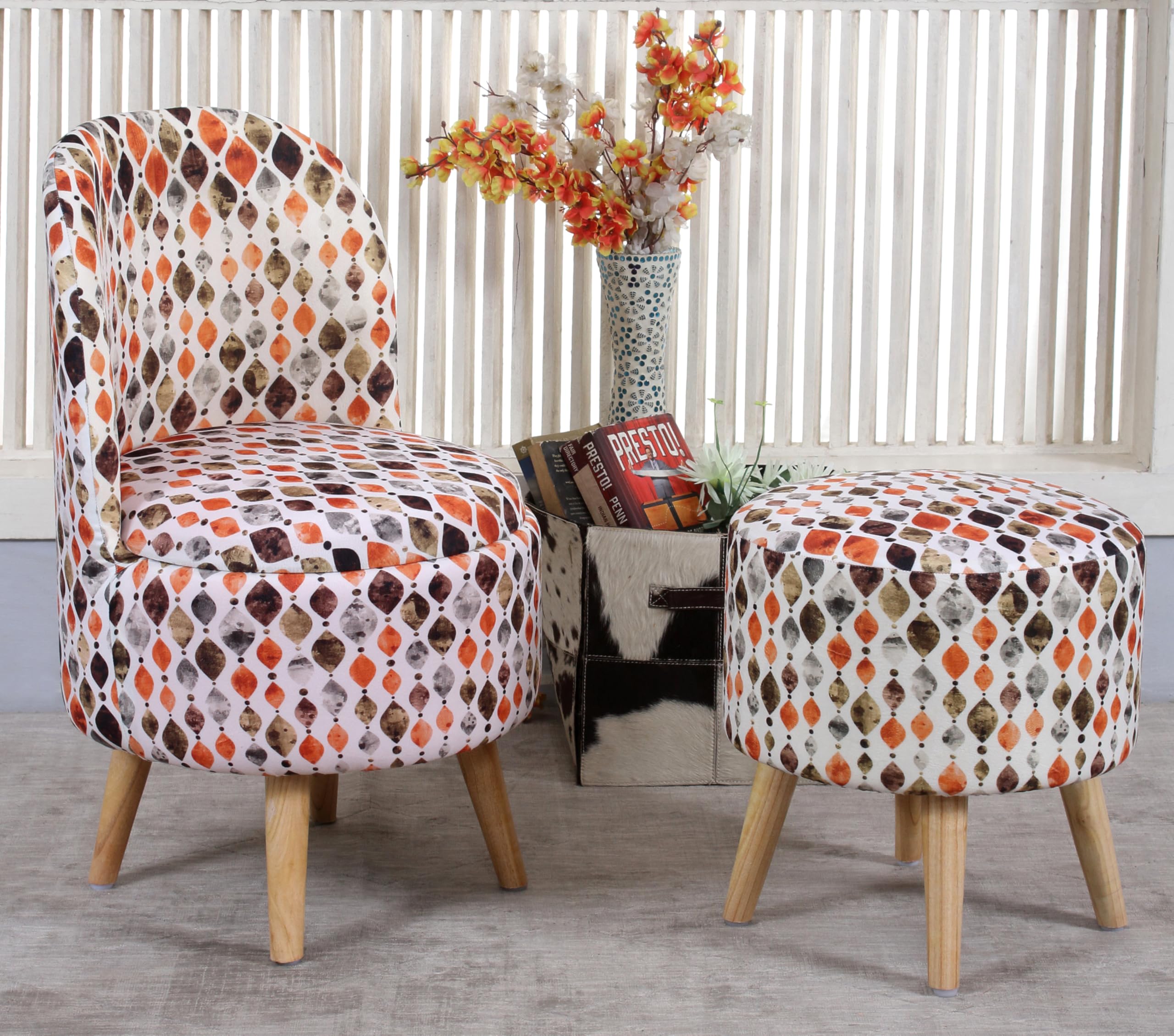 LB TRENDS Sitting Solutions for Home – Wooden Frame Round Ottoman Chair, Soft Cushion Pouffes, Stools Ideal for Living Room, Study & Makeup Table, 32 Inch Height, Chair/Stool Set, Orange Crystal-image-26