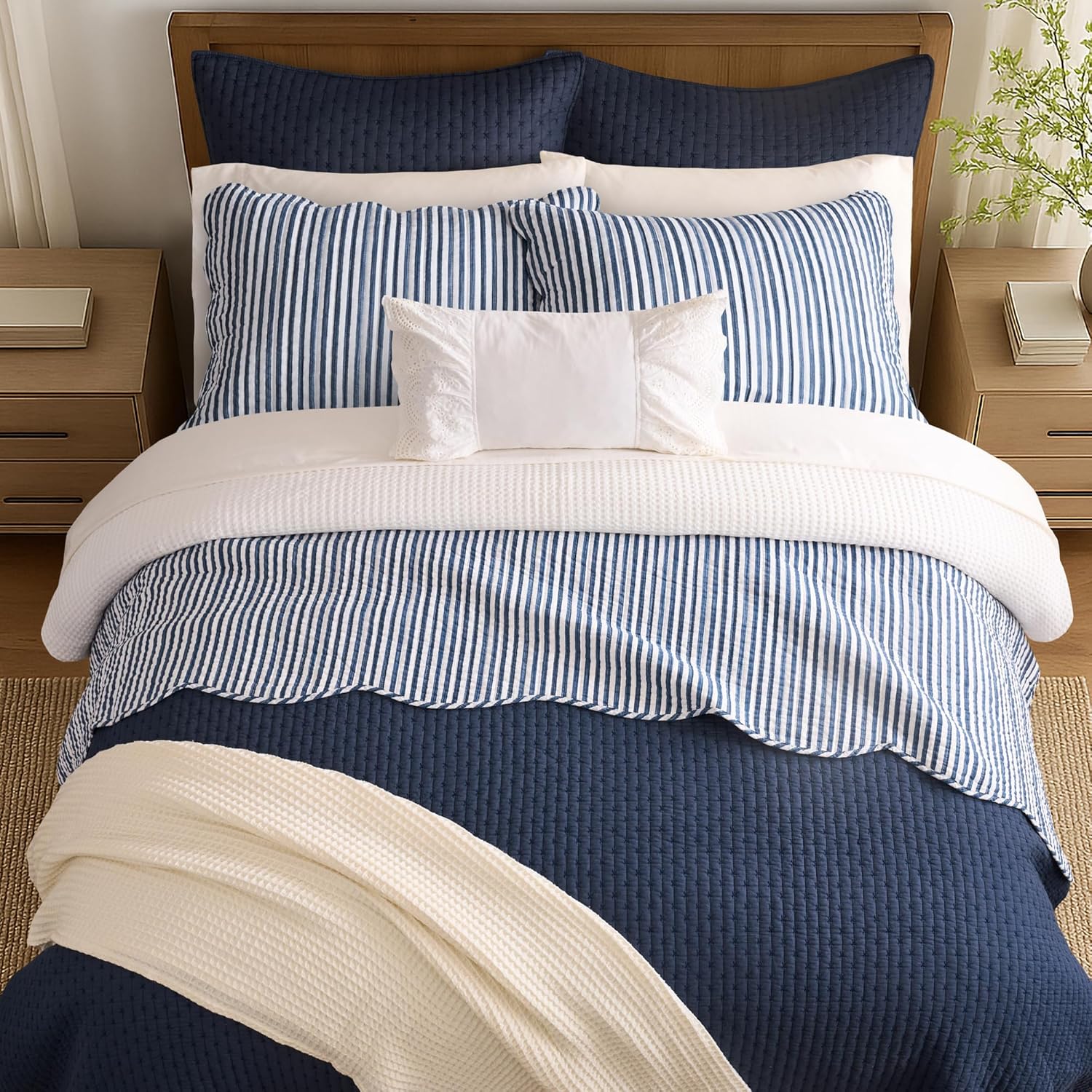 Levtex Home Cross Stitch Reversible Full/Queen Quilt Set (88x92in) with 2 Pillow Shams (26x20in) - Stitch Texture - Navy - Cotton Full/Queen Size Quilt Bedding Set - Lightweight, Soft, Pre-Washed - Image 3