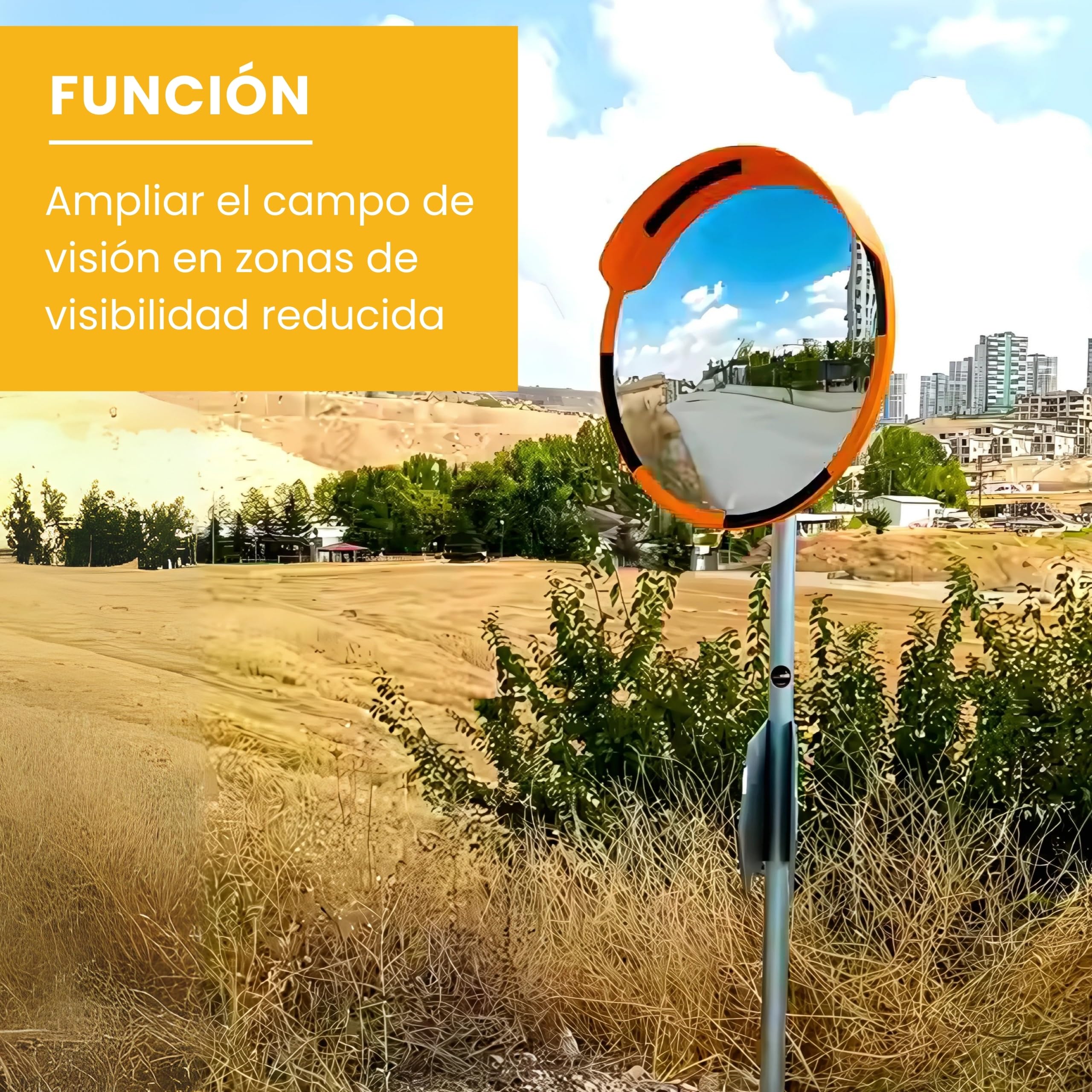 PARKING FACIL | Espejo de Tráfico Convexo de Seguridad con Marco | Tamaño: Ø 80 cm | Color Naranja y Negro | Incluye Soporte Poste y Pared | 1 Unidad