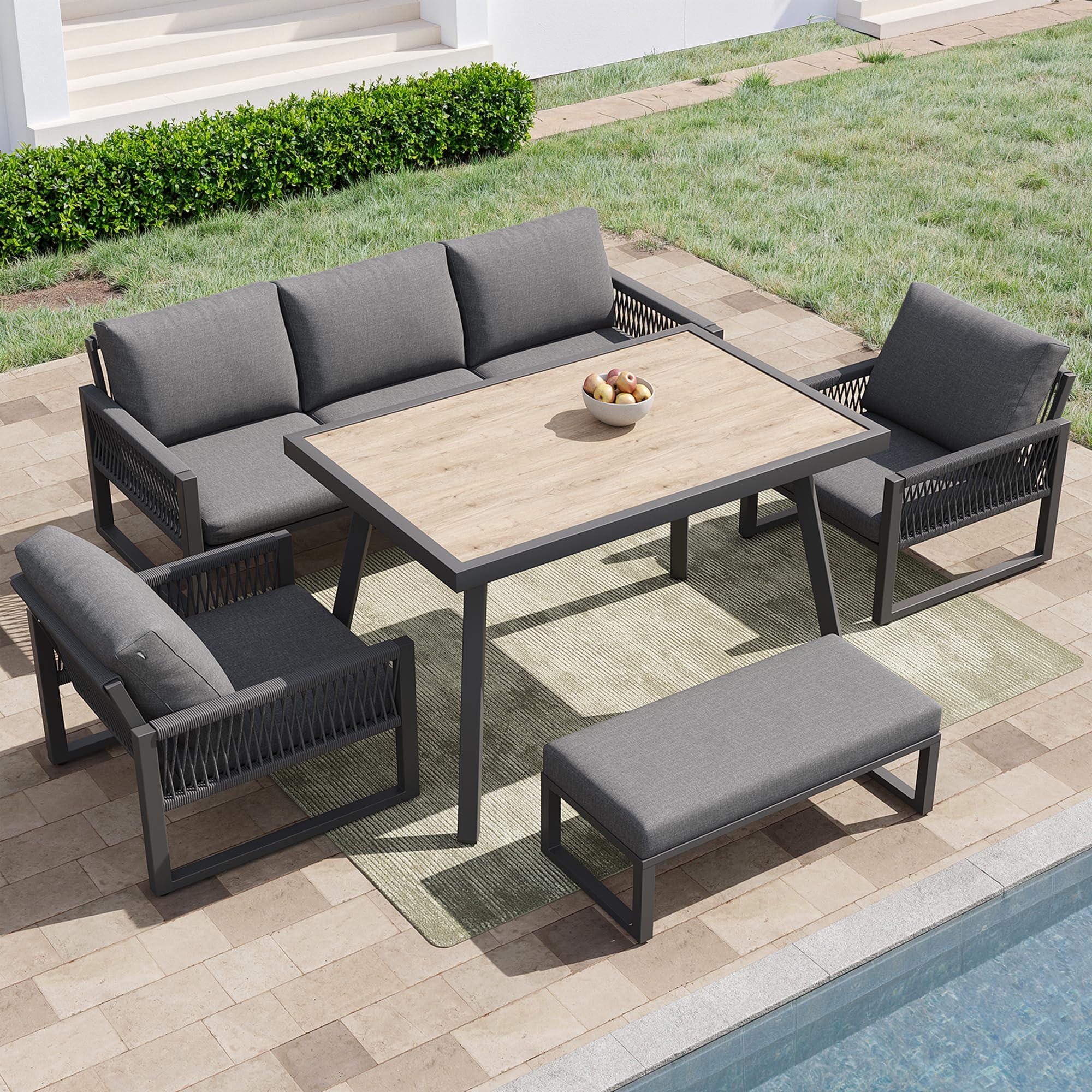 Idemon Gartenmöbel Set Outdoor Sofa 6-7 Sitzer, Gartenlounge-Set für Balkon Terrasse, Gartensofa mit großem Esstisch, Hochwertigen Sitzkissen & Rückenkissen, Wetterfestes Terrassen Sofa Set