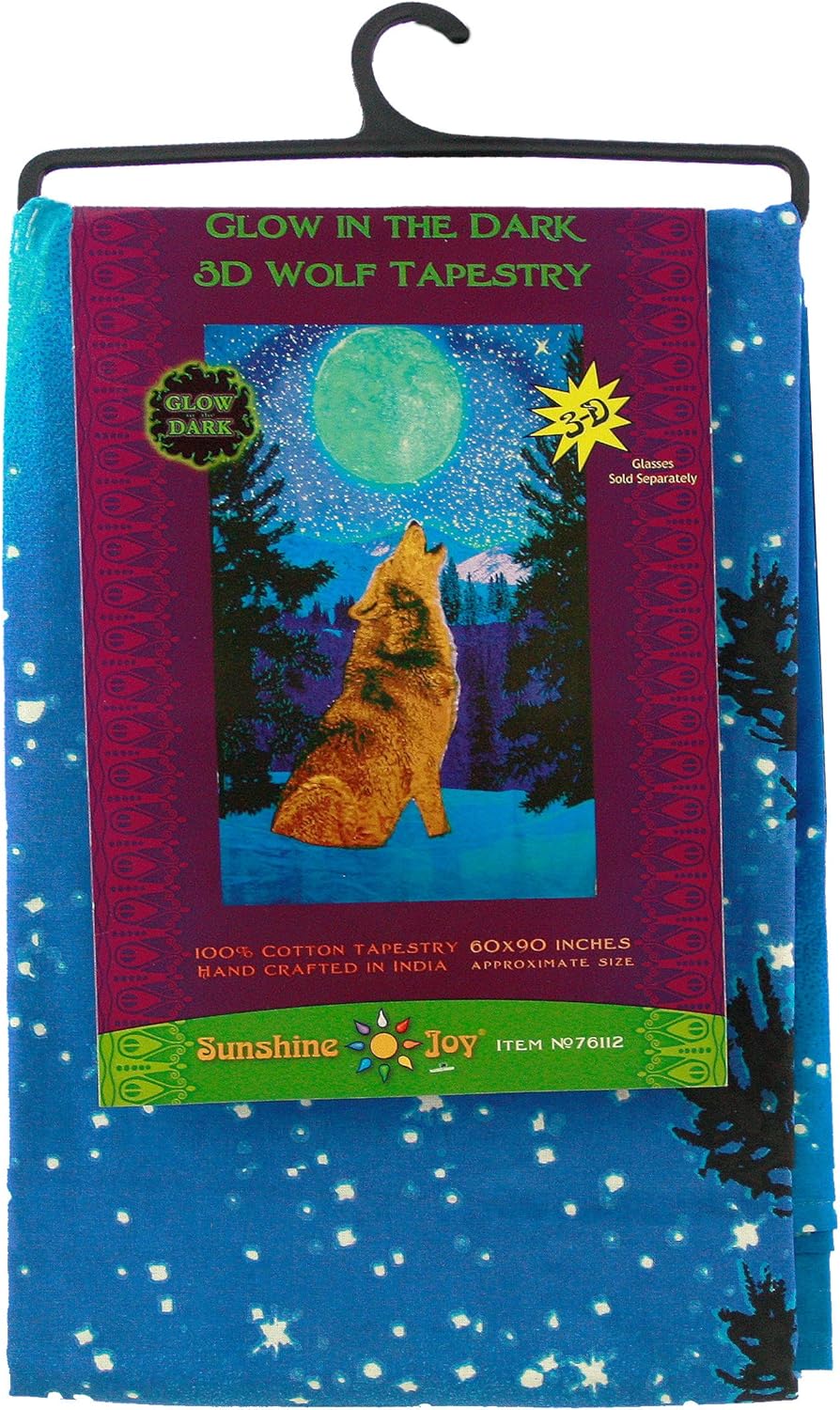 Sunshine Joy 3D Glow in the Dark Full Moon Wolf Tapestry Wall Art Amazing 3-D Effects - Huge 60x90 Inches