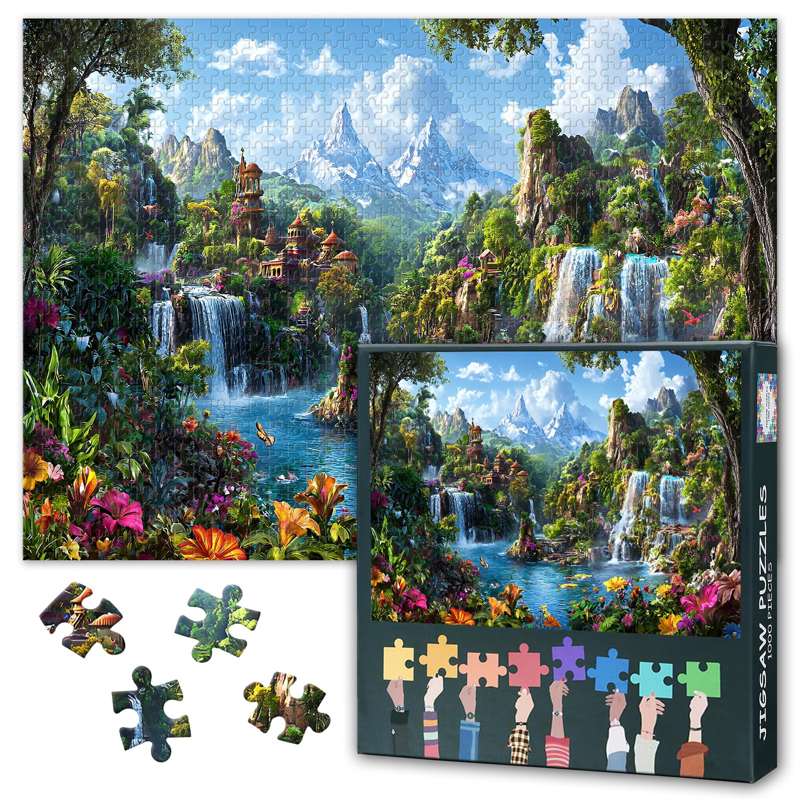 Forest Waterfall Puzzles for Adults 1000 Pieces Fantasy Landscape Puzzle Waterfalls and Flora Jigsaw Puzzles Family Challenge Game Suitable for Game Nights Teens Educational Toys Size: 50x70cm