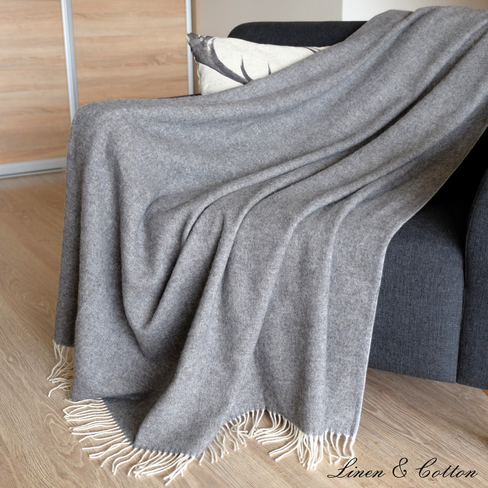Linen & Cotton Manta Sofa/Mantas de Cama de Lujo STONEWOLD - 100% Pura Lana Merino, Gris (140 x 200cm) Plaid/Blanket/Funda Single Matrimonial de Lana Oveja Ideal para el Invierno, Idea de Regalos