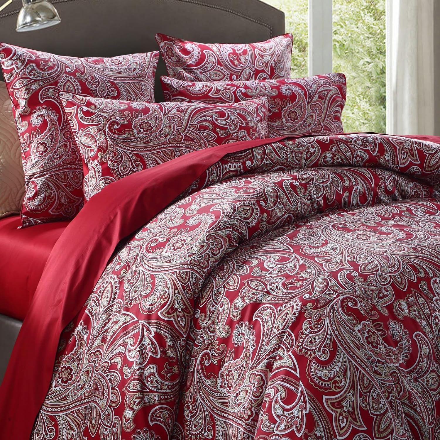 USTIDE Bohemian Red Paisley Bedding Set, Super King Soft Cotton Duvet Cover with 2 Pillowcases, 3-Piece Quilt Cover with Button Closure Boho Bed Linen โ image 1