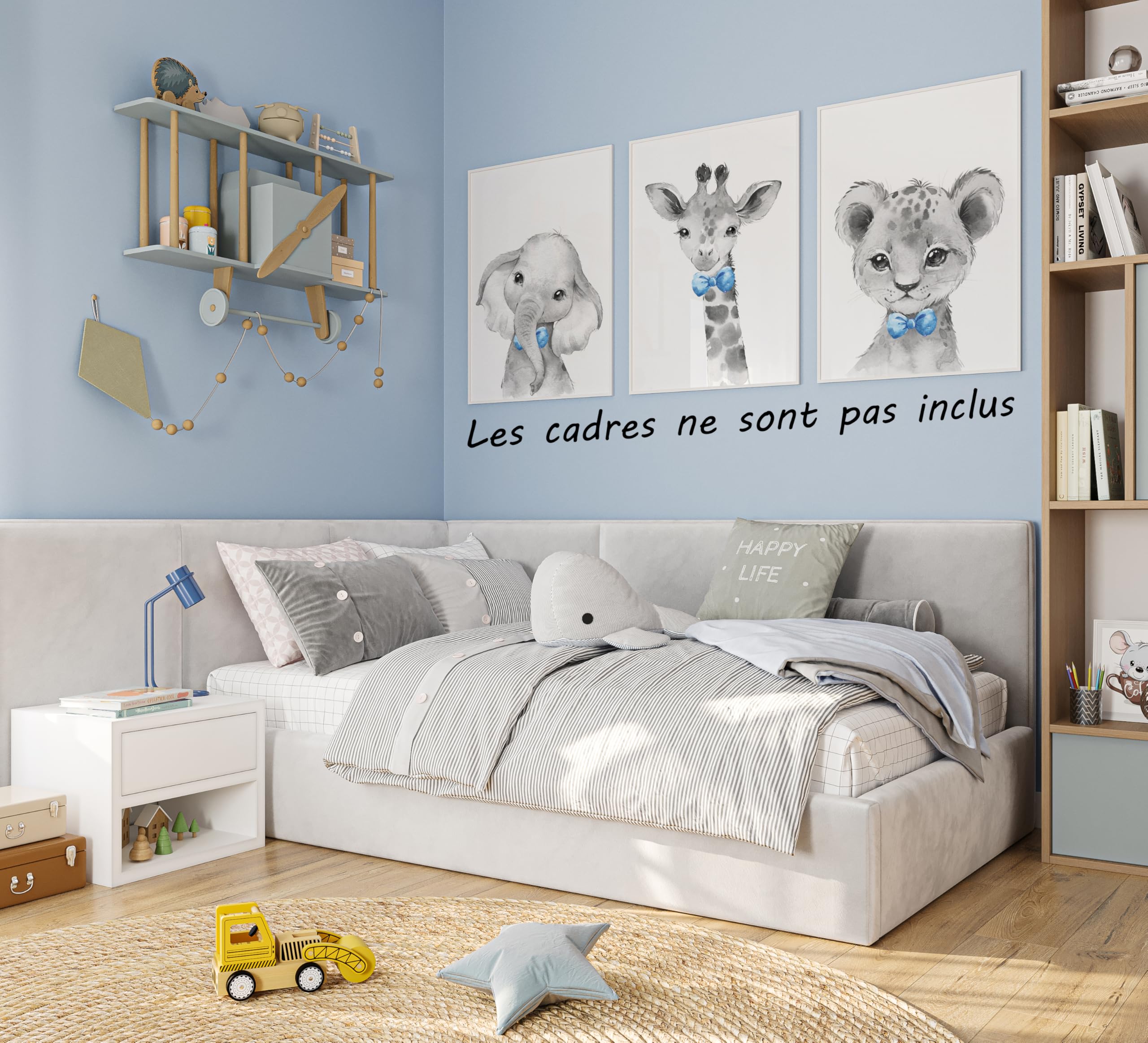 Set De 3 Affiches Animaux Safari Sans Cadre - Décoration Chambre Enfant Lion Éléphant Girafe