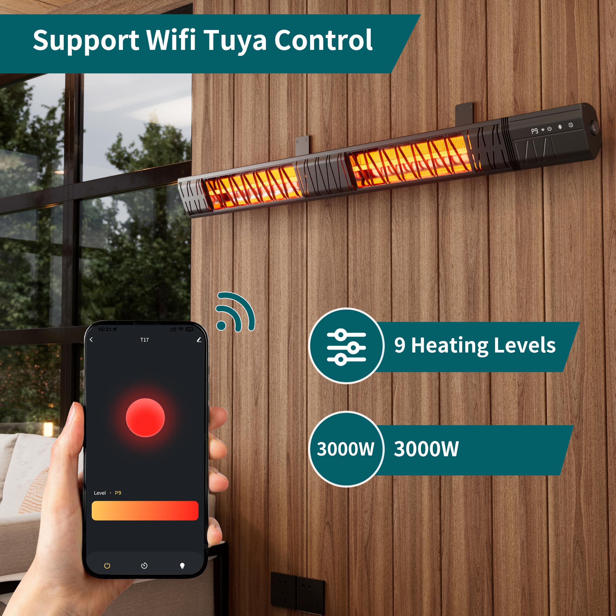 Elektryczny grzejnik na podczerwień 3000 W, z WiFi/Remote Control, wodoszczelność IP65, 9 poziomów ciepła, timer 24 h, 1 s ogrzewanie z włókna węglowego do użytku wewnątrz i na zewnątrz