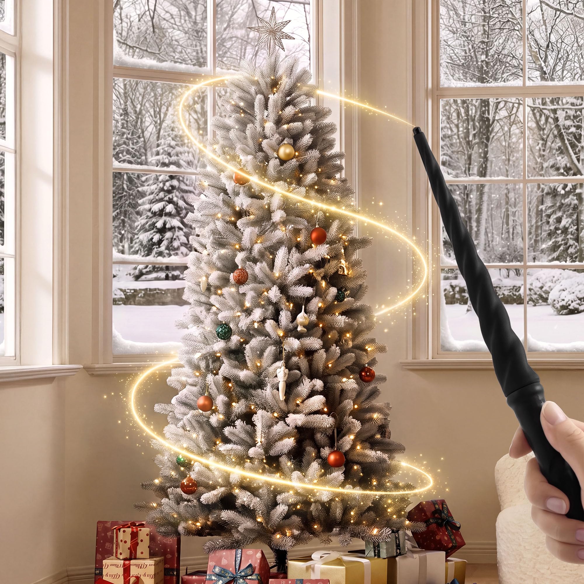 HERNEST 6.5ft Pre-Lit Flocked Artificial Christmas Tree with Wand &amp; Remote