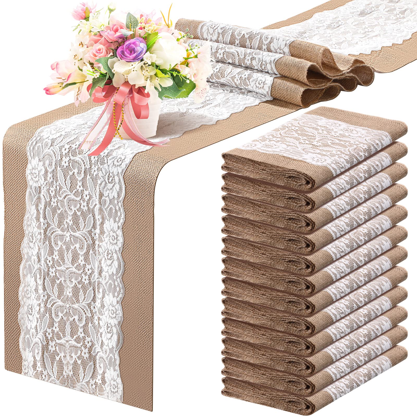 Tatuo 12 Pieces Burlap Table Runners with Lace 12 x 108 Inch Long Rustic Jute Natural Hessian Burlap Table Runner for Farmhouse Style Country Vintage Wedding Party Dinner Decoration