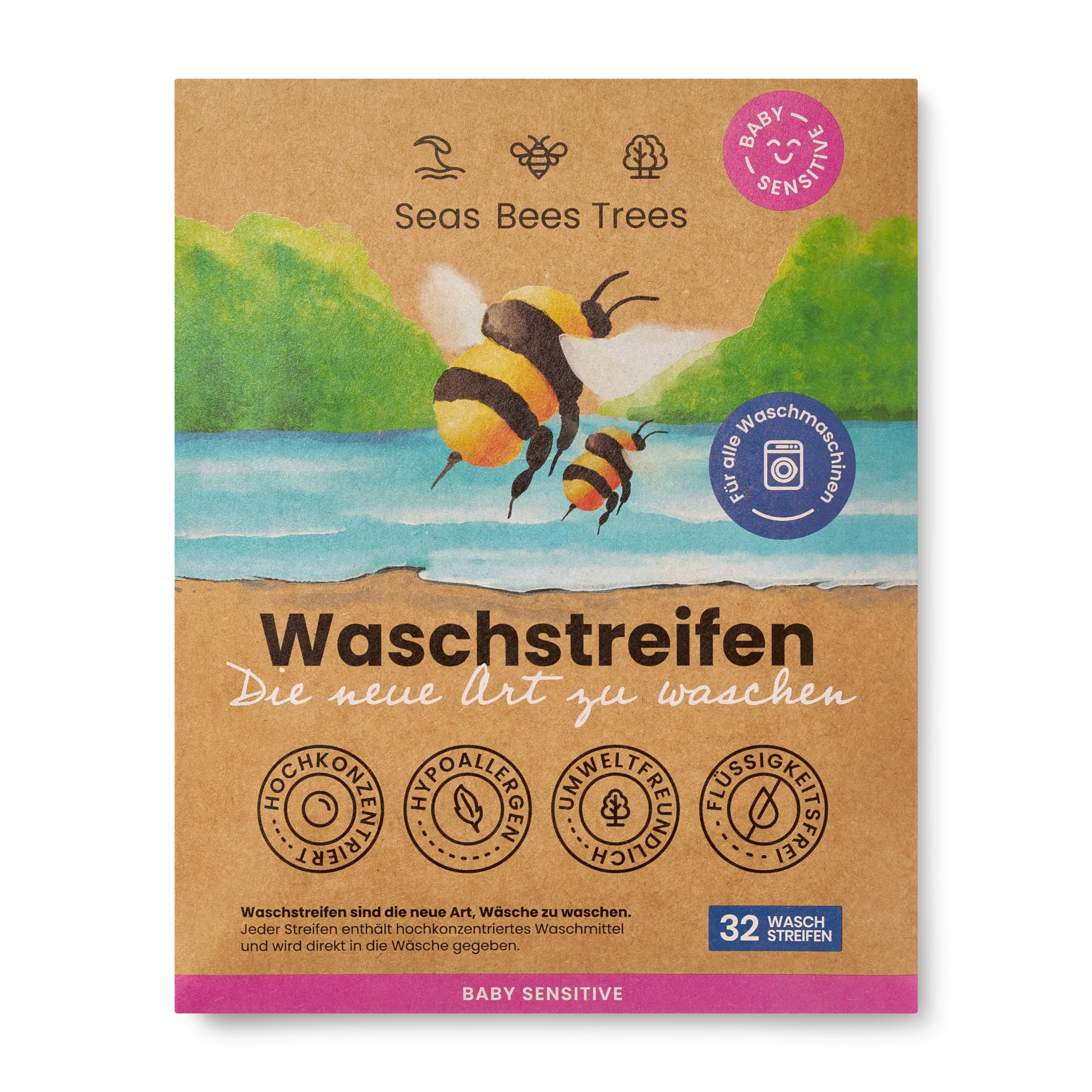 Lessive feuilles Baby Sensitive, nettoyage doux et en profondeur pour vêtements de bébé, bandes de linge durables sans parfum, pour le lavage blanc, coloré et à la main, 32 bandes