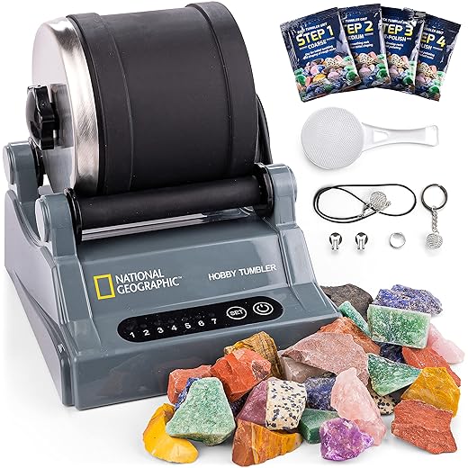 National Geographic Rock Tumbler Kit – Hobby Edition Includes Rough Gemstones, and 4 Polishing Grits, Great STEM Science Kit for Geology Enthusiasts, Rock Polisher for Kids and Adults