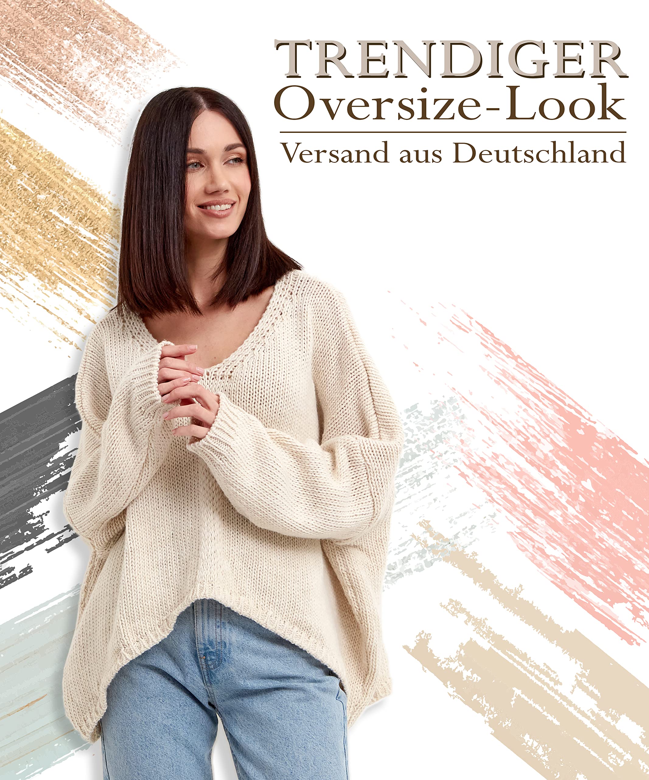 SOVENTUS FASHION Damen Strickpullover Oversize grobmaschig Pullover Damen Strick Oversize kurz Pulli Frühling Herbst V-Ausschnitt, mit oder ohne Kapuze, Grosse größen Made in Italy