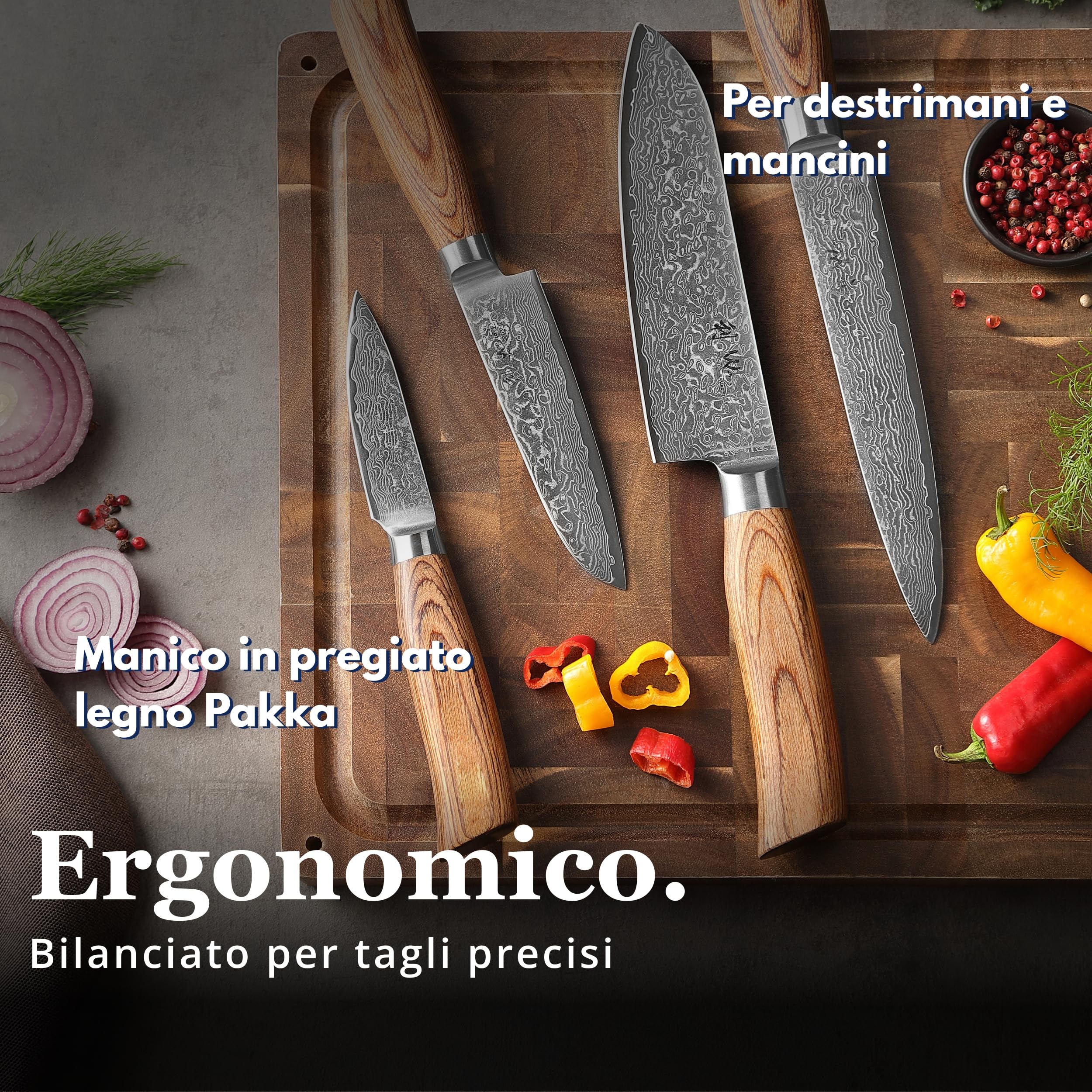 Wakoli EDIB Pro Damasco - Set di 4 coltelli da cucina in acciaio damasco a 67 strati con nucleo VG10, coltelli da chef con manici in legno pakkawood in confezione regalo