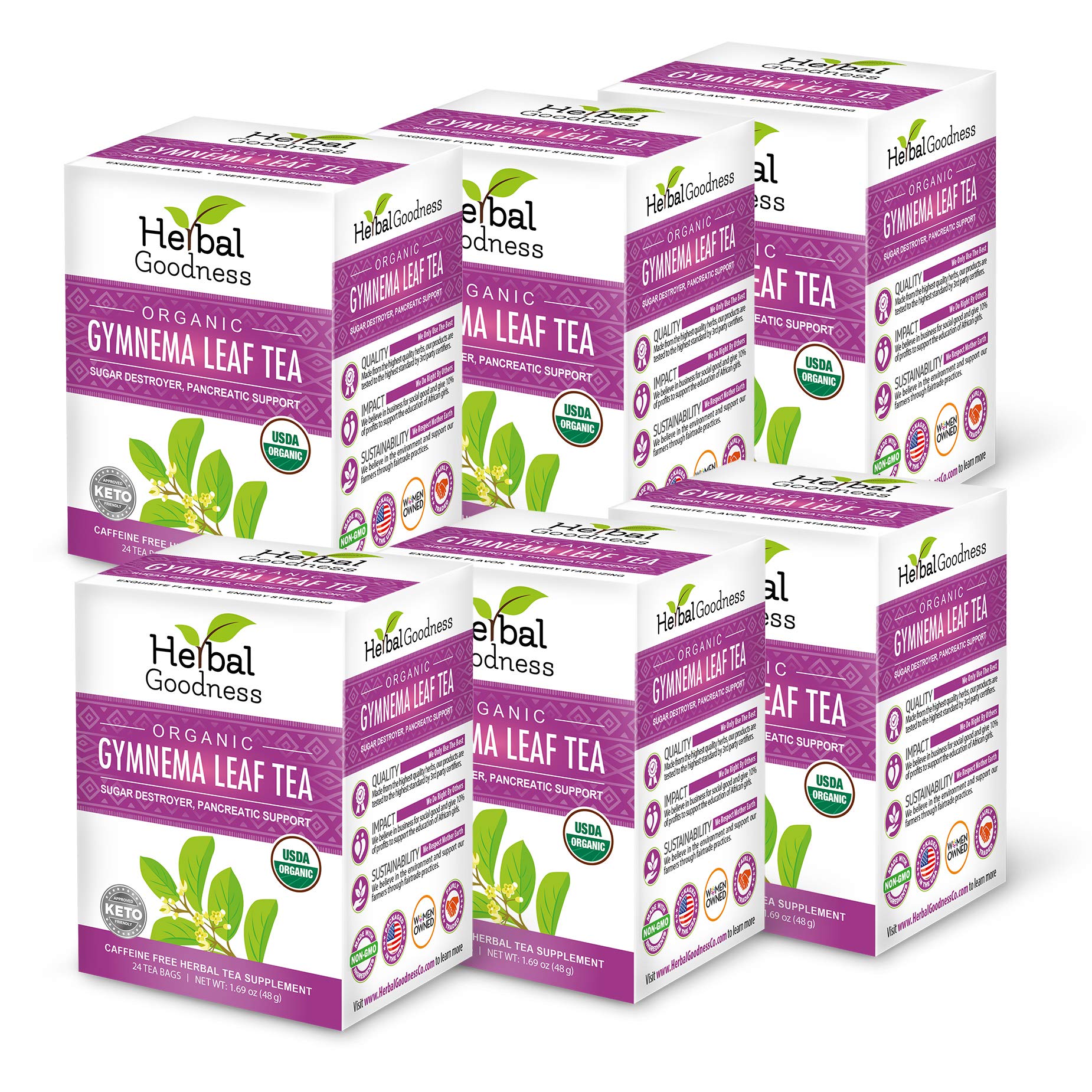 Gymnema Sylvestre Leaf Tea -20x- 6 BOXES - 24 teabags/box -No Caffeine, Kosher, Organic, GMO-Free, Gluten-Free-18 Bleach Free Tea Bags (0.83 oz/24g)USDA Organic