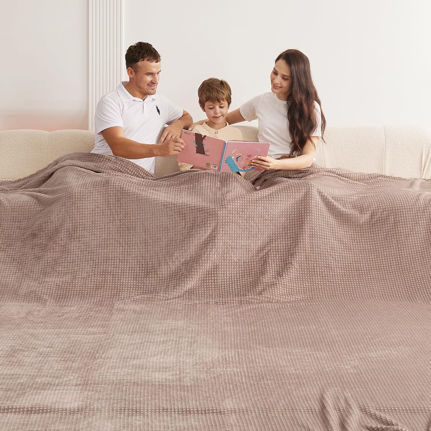 Oversized King Fleece Blanket 120x120 Inches, Seamless Soft Cozy 3D Jacquard Flannel Blanket 10'x10' Extra Large for Bed, Sofa, Couch, Travel & Camping, California King Throw, Light Camel - Waffle