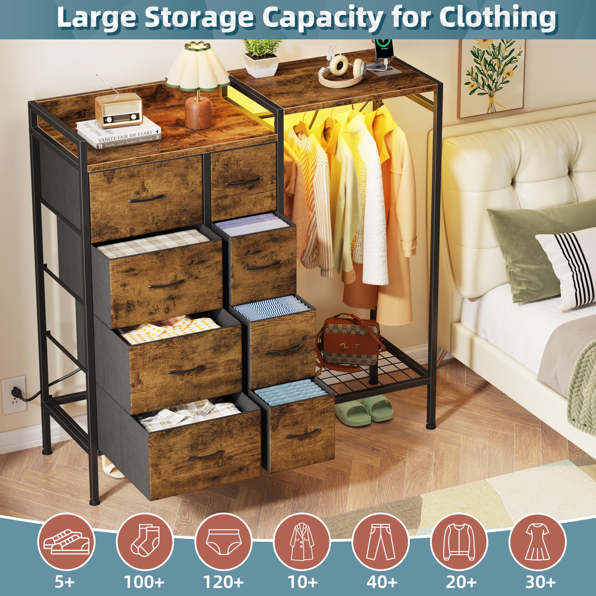 Cómoda de 8 cajones con perchero, cómoda LED con estación de carga, cómodas altas con zapatero para ropa y almacenamiento de zapatos, cómoda con parte superior de madera para dormitorio 3