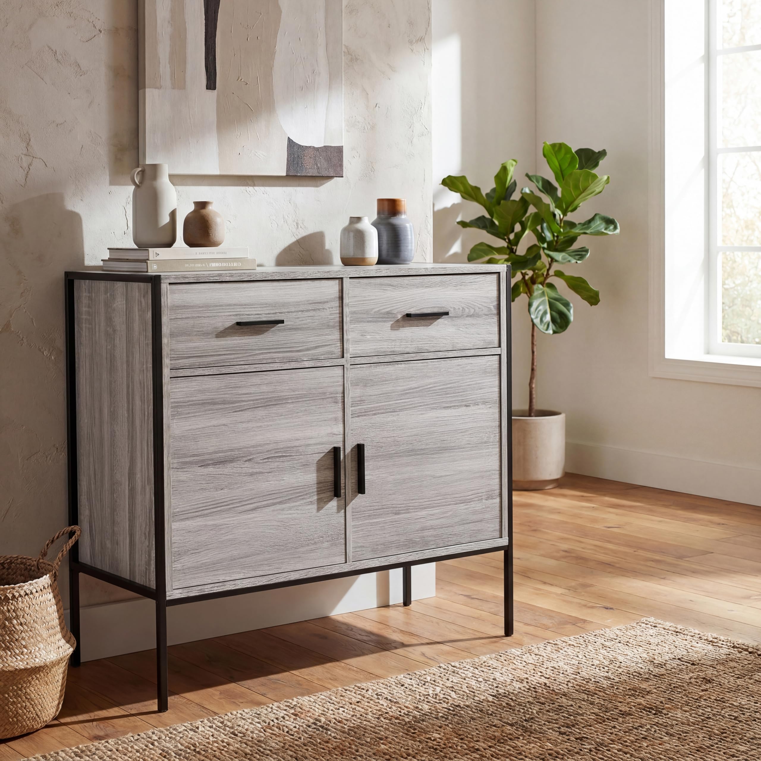 Vida Designs Brooklyn 2 Door 2 Drawer Sideboard Industrial Rustic Cabinet, Living Room Furniture (Grey)