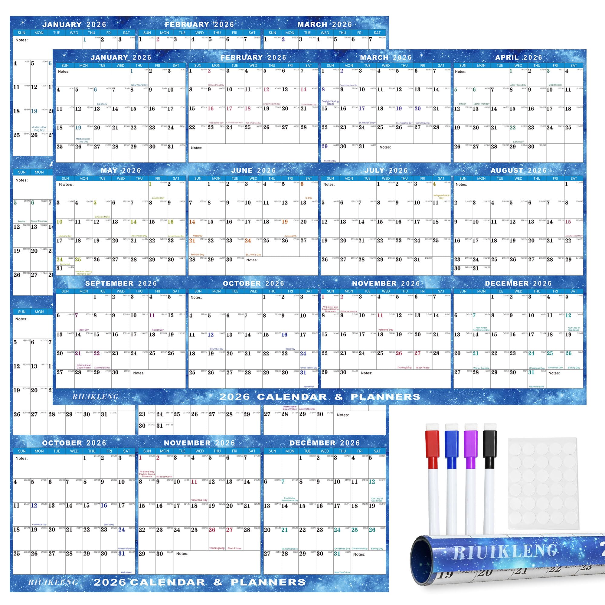 32" x 48" 2026 Wall Calendar Erasable Starry Sky, Wet & Dry Erase Large Laminated Annual Yearly Planner - 12 Month Horizontal/Vertical Calendar January to December for Easy Planning, Organizing