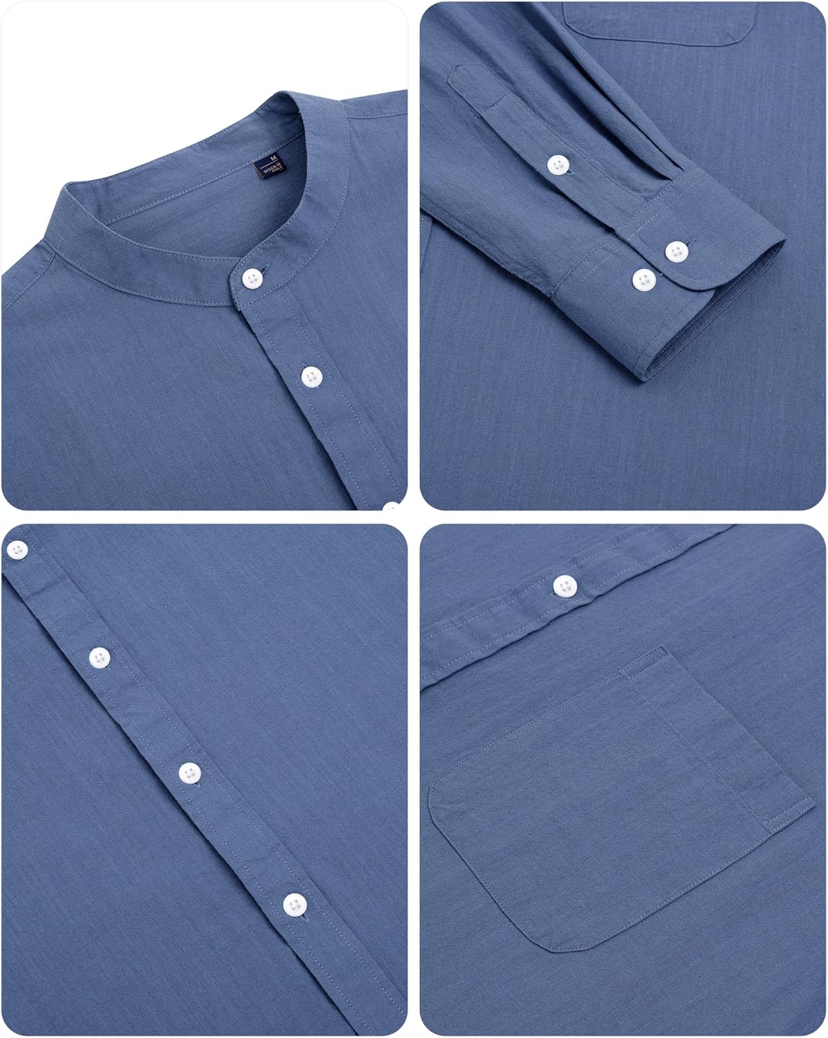 Alimens & Gentle Men's Cotton Linen Shirts Long Sleeve Button Down Shirt Band Collar Beach Shirts - Image 5