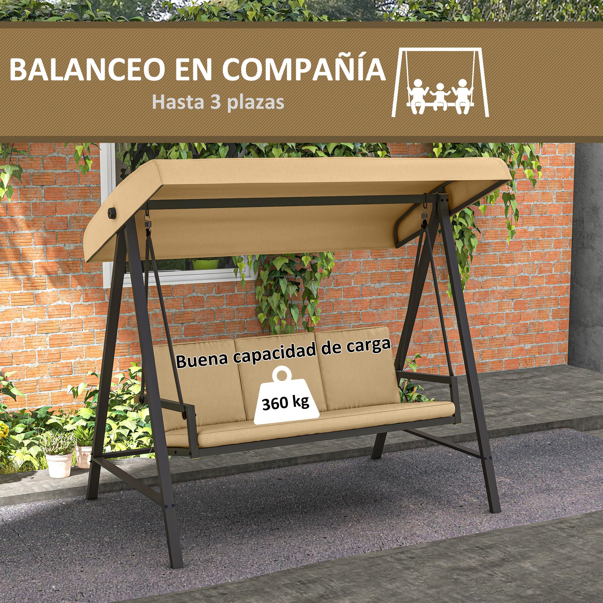 Outsunny Columpio de Jardín de 3 Plazas Balancín Exterior Jardín con Toldo Ajustable Cojines Extraíbles y Estructura de Acero Carga 360 kg 200x125x175 cm Beige