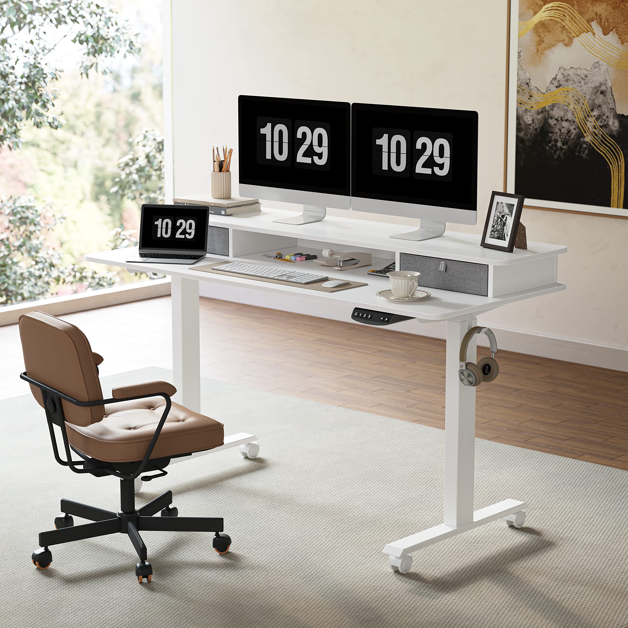 BANTI Electric Standing Desk with Double Drawers, 55x24 Inches Adjustable Height Stand Up Desk, Sit Stand Home Office Desk with Storage Shelf, White Top/White Frame, (B-SDE-55WE-DD)